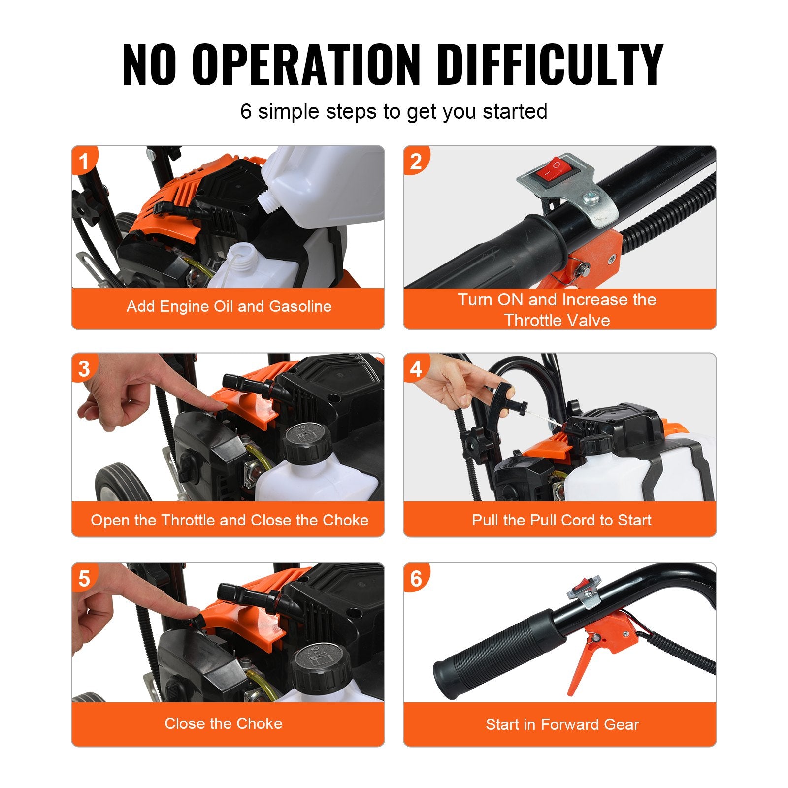 Tiller Cultivator Gas Powered, 43CC 2-Stroke Garden Cultivator, Tiller with 4 Steel Adjustable Front Tines V952-RYGYJ43CCECC62UOPV0
