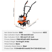 Tiller Cultivator Gas Powered, 43CC 2-Stroke Garden Cultivator, Tiller with 4 Steel Adjustable Front Tines V952-RYGYJ43CCECC62UOPV0