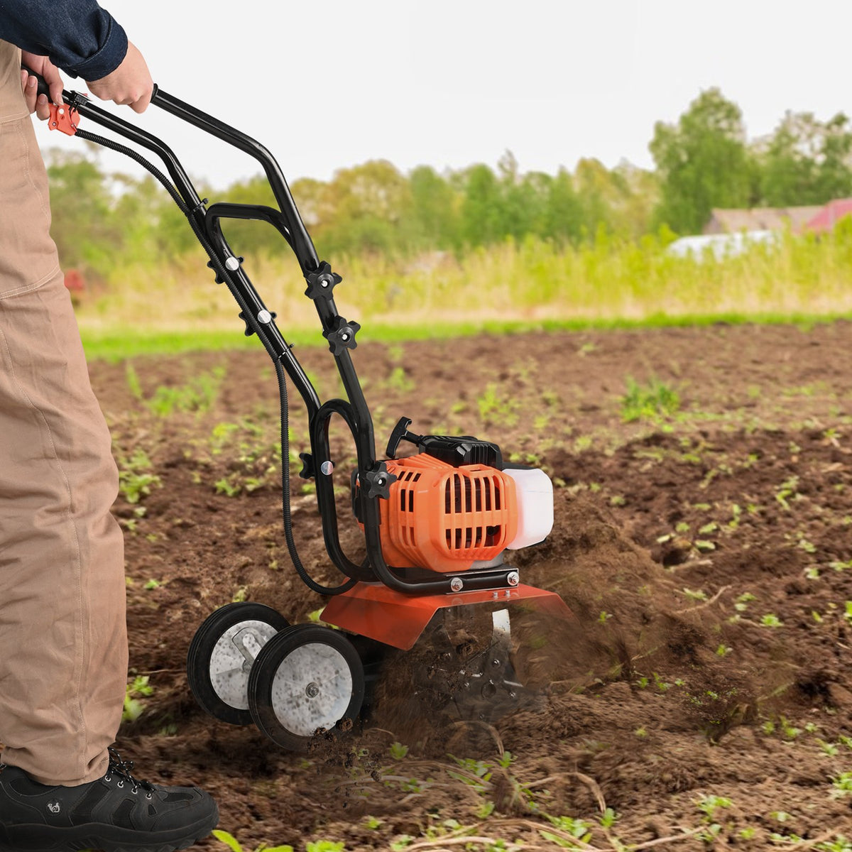 Tiller Cultivator Gas Powered, 43CC 2-Stroke Garden Cultivator, Tiller with 4 Steel Adjustable Front Tines V952-RYGYJ43CCECC62UOPV0