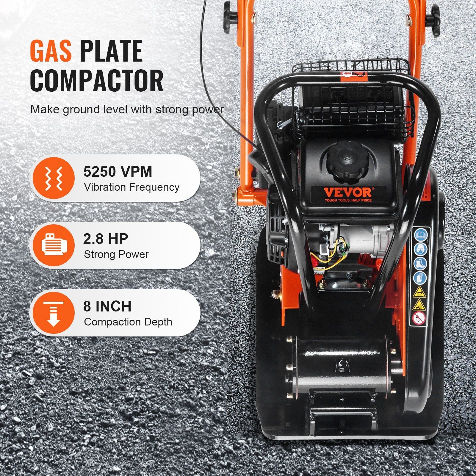 Plate Compactor, 2.8 HP 78.5CC Gas Engine 5,250 VPM, 870 kg Force Vibratory Compaction Tamper with 18.7 x V952-RYPBYS22128HP0NROV0