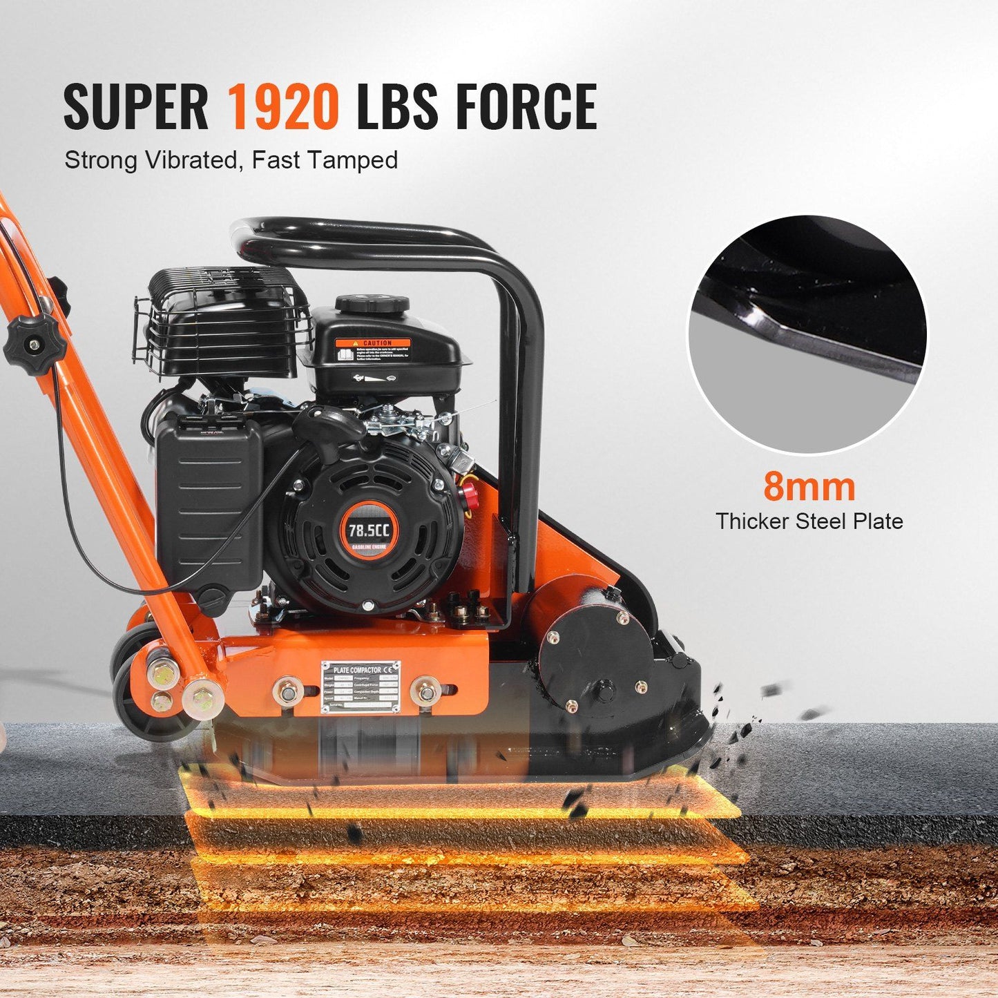 Plate Compactor, 2.8 HP 78.5CC Gas Engine 5,250 VPM, 870 kg Force Vibratory Compaction Tamper with 18.7 x V952-RYPBYS22128HP0NROV0