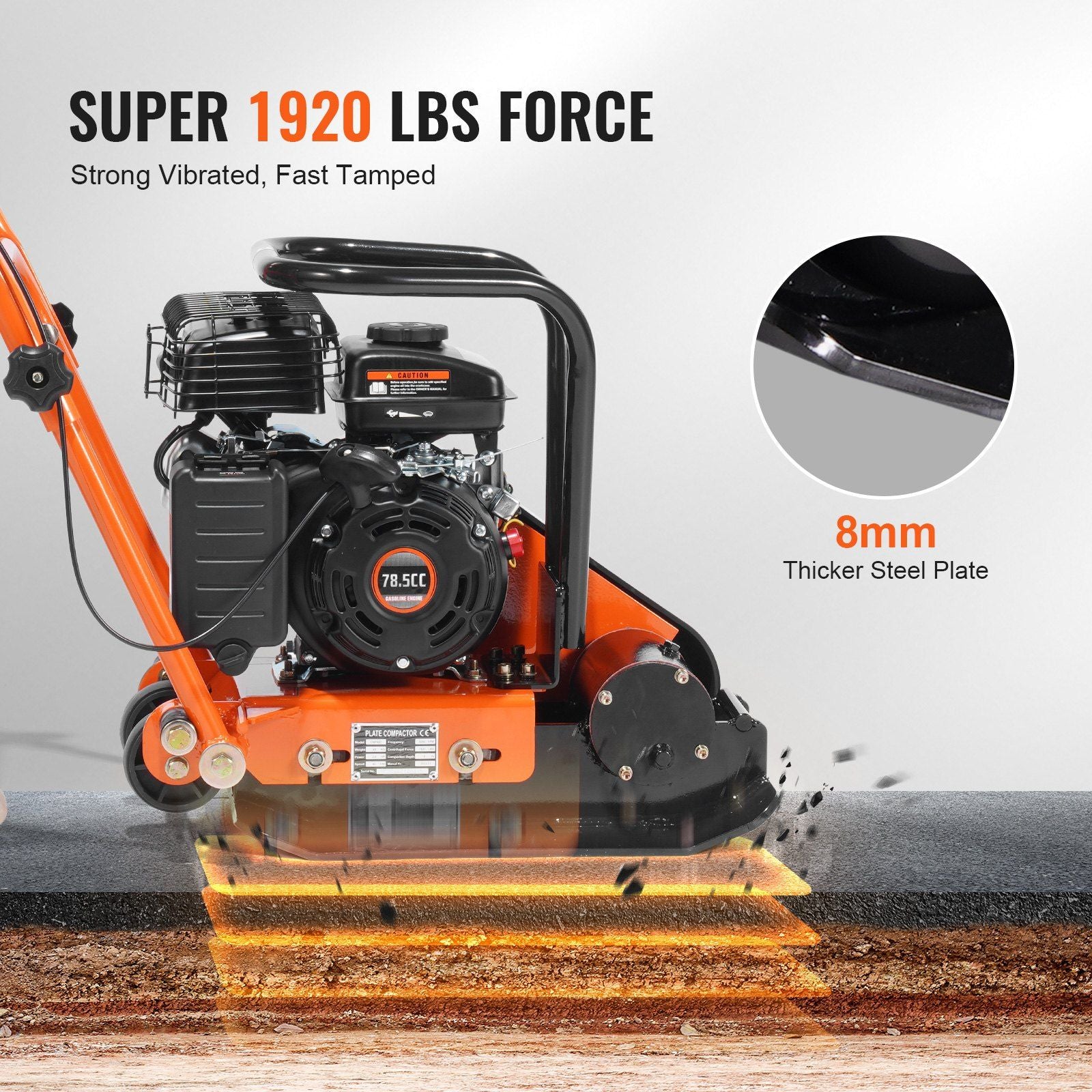 Plate Compactor, 2.8 HP 78.5CC Gas Engine 5,250 VPM, 870 kg Force Vibratory Compaction Tamper with 18.7 x V952-RYPBYS22128HP0NROV0
