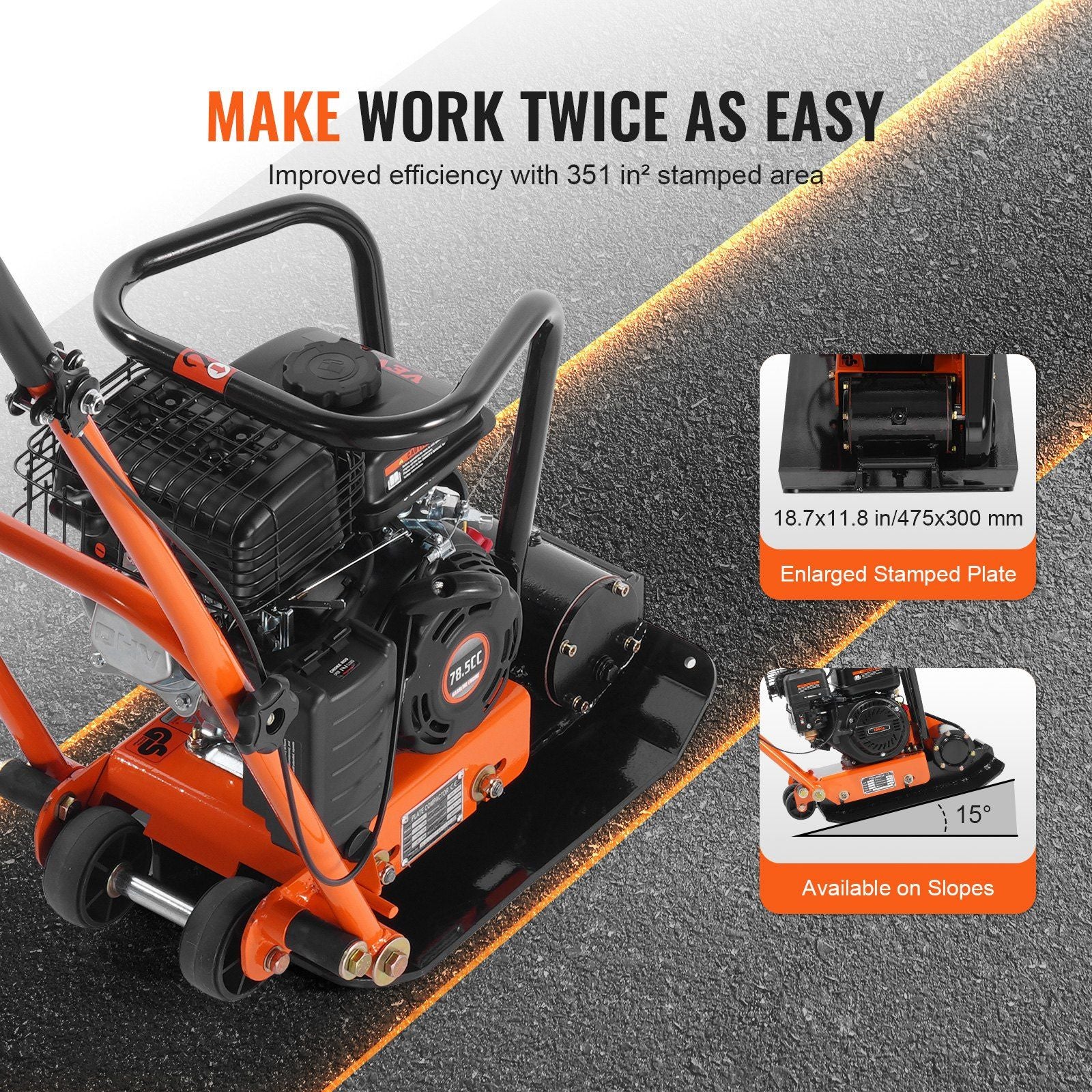 Plate Compactor, 2.8 HP 78.5CC Gas Engine 5,250 VPM, 870 kg Force Vibratory Compaction Tamper with 18.7 x V952-RYPBYS22128HP0NROV0