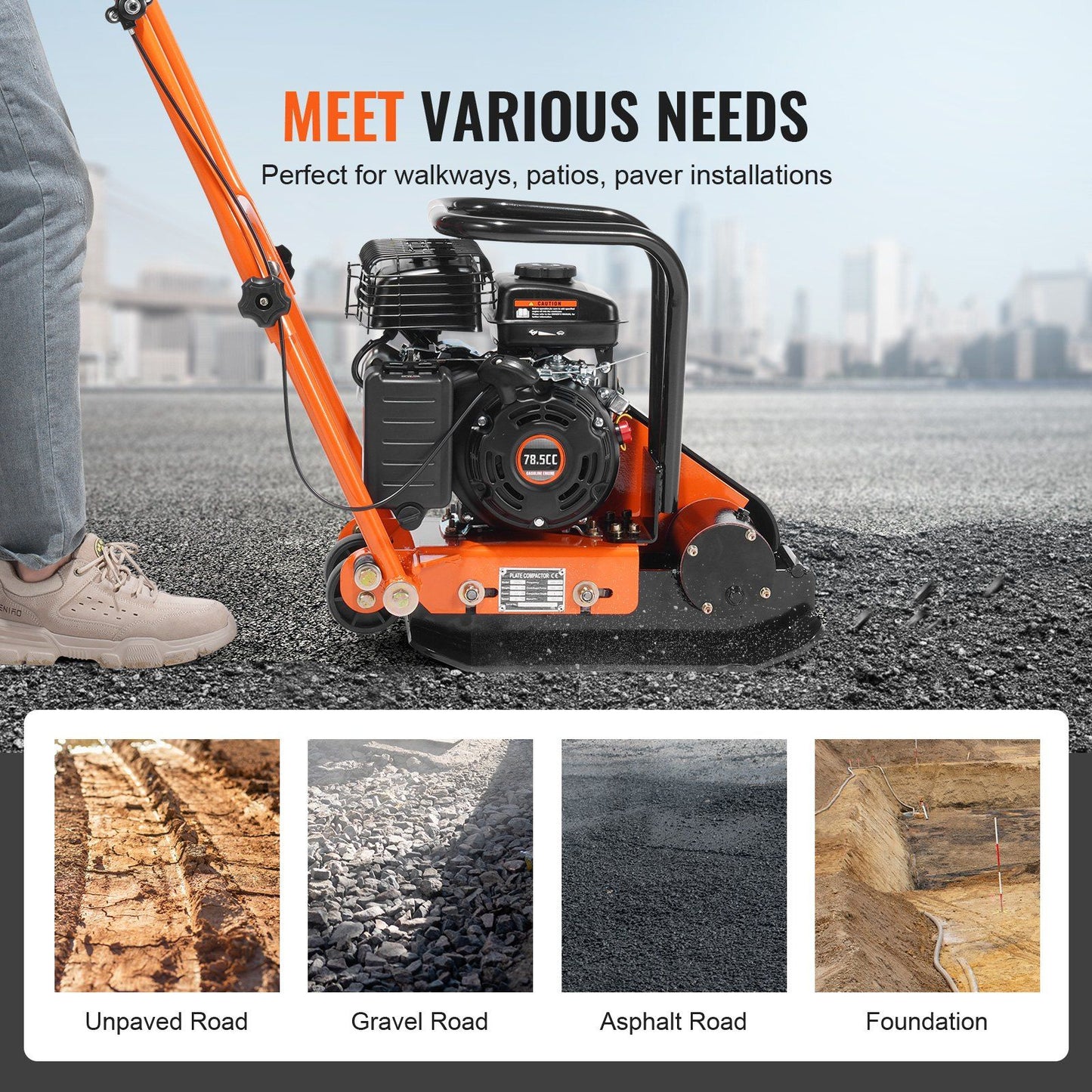 Plate Compactor, 2.8 HP 78.5CC Gas Engine 5,250 VPM, 870 kg Force Vibratory Compaction Tamper with 18.7 x V952-RYPBYS22128HP0NROV0