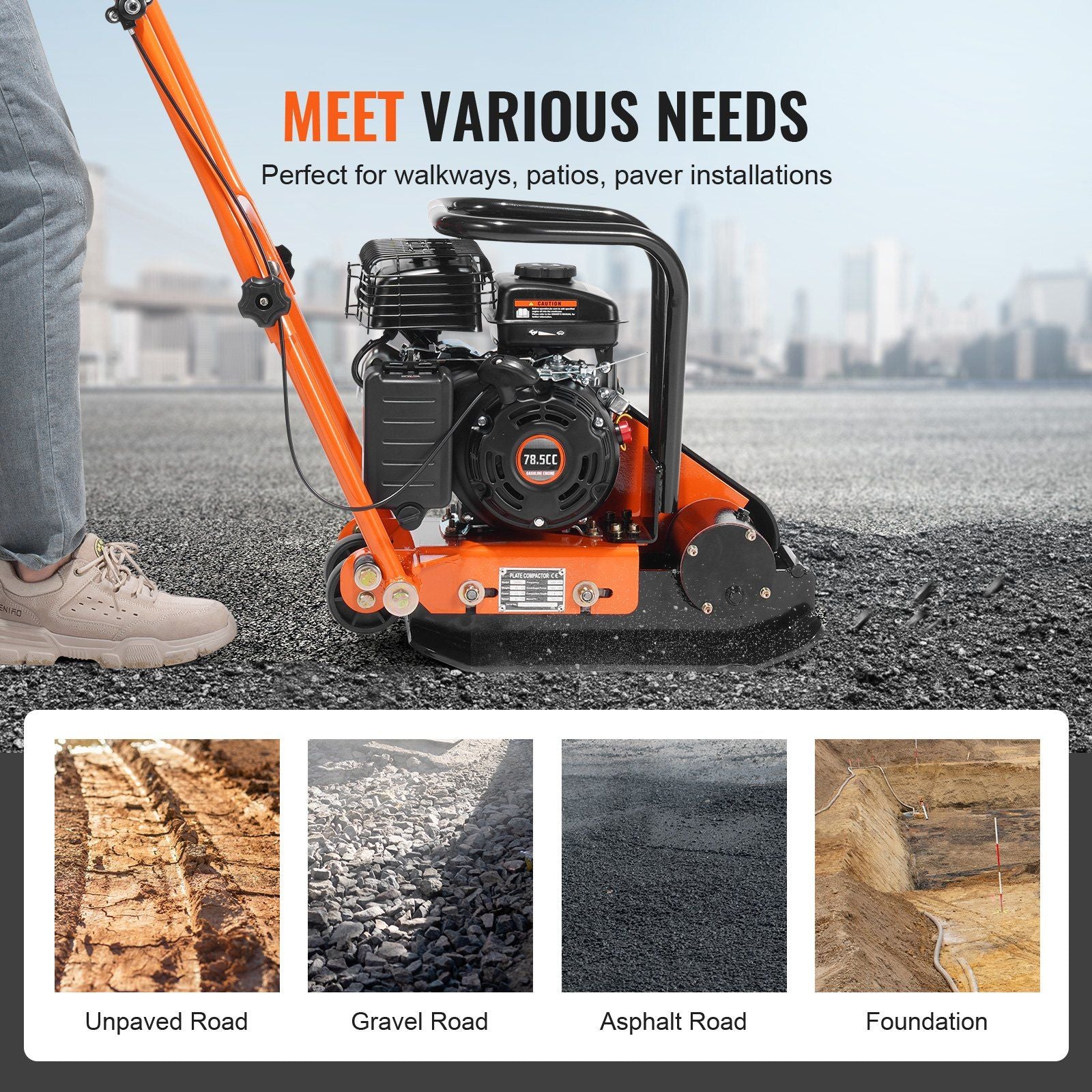 Plate Compactor, 2.8 HP 78.5CC Gas Engine 5,250 VPM, 870 kg Force Vibratory Compaction Tamper with 18.7 x V952-RYPBYS22128HP0NROV0
