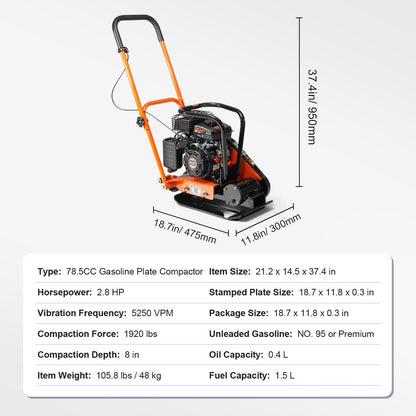 Plate Compactor, 2.8 HP 78.5CC Gas Engine 5,250 VPM, 870 kg Force Vibratory Compaction Tamper with 18.7 x V952-RYPBYS22128HP0NROV0