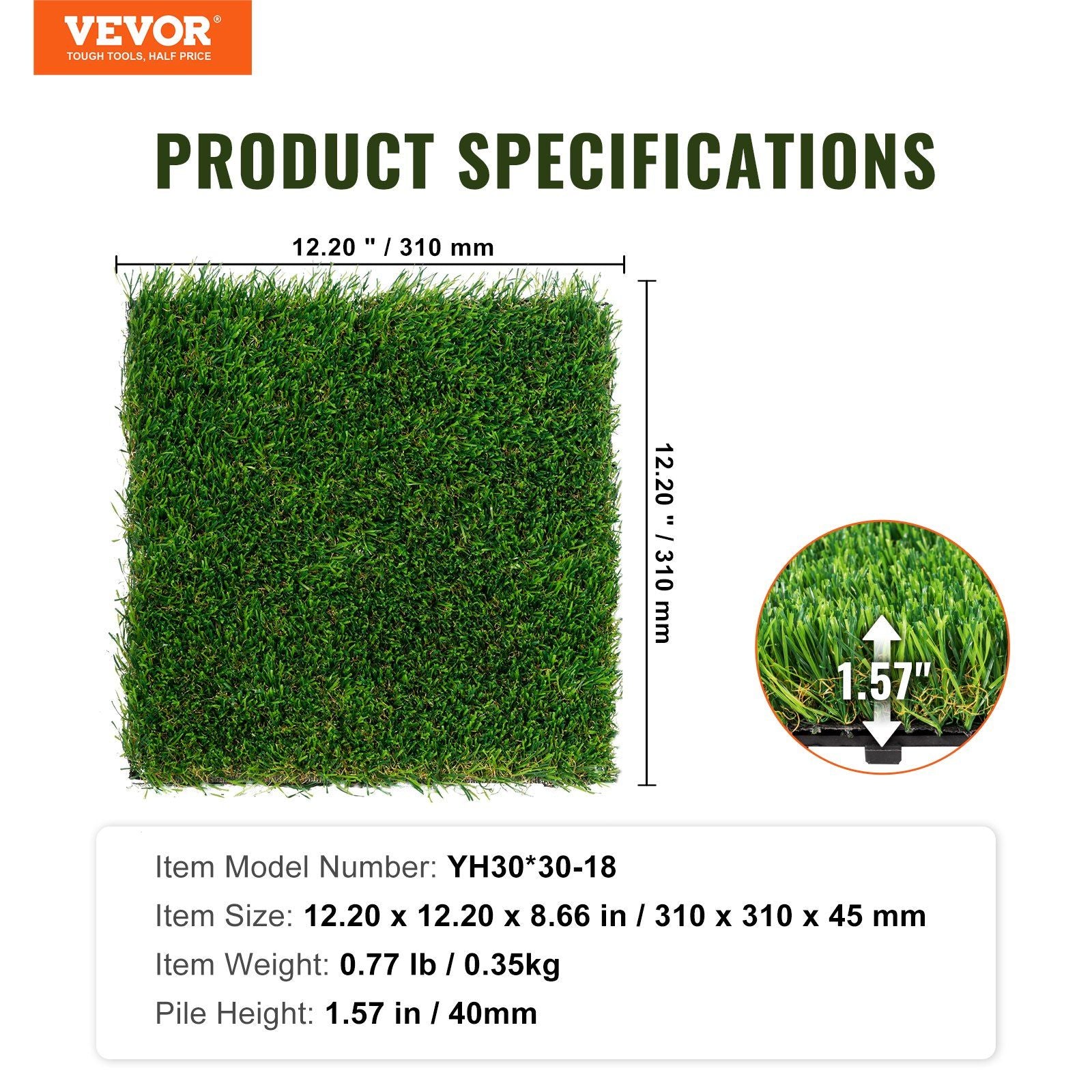 Artifical Grass Tiles Interlocking Turf Deck Set, 18 Pack - 12"x12", Synthetic Fake Grass Self-draining Mat V952-RZCP18PCS12X56GUQV0