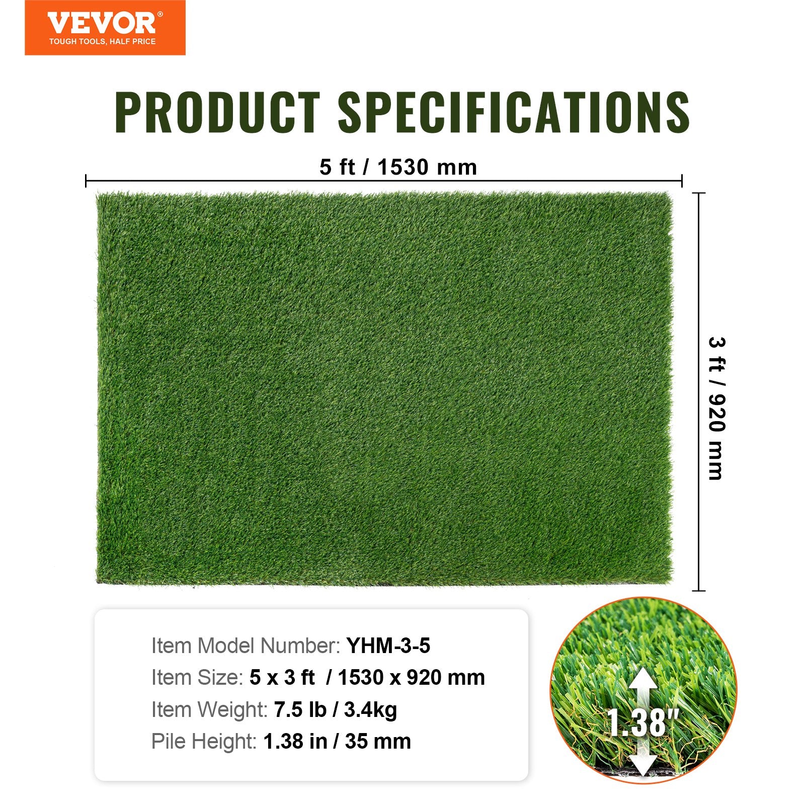 Artifical Grass, 3 x 5 ft Rug Green Turf, 1.38" Fake Door Mat Outdoor Patio Lawn Decoration, Easy to Clean V952-RZCP1J3X5FT1TWKGWV0