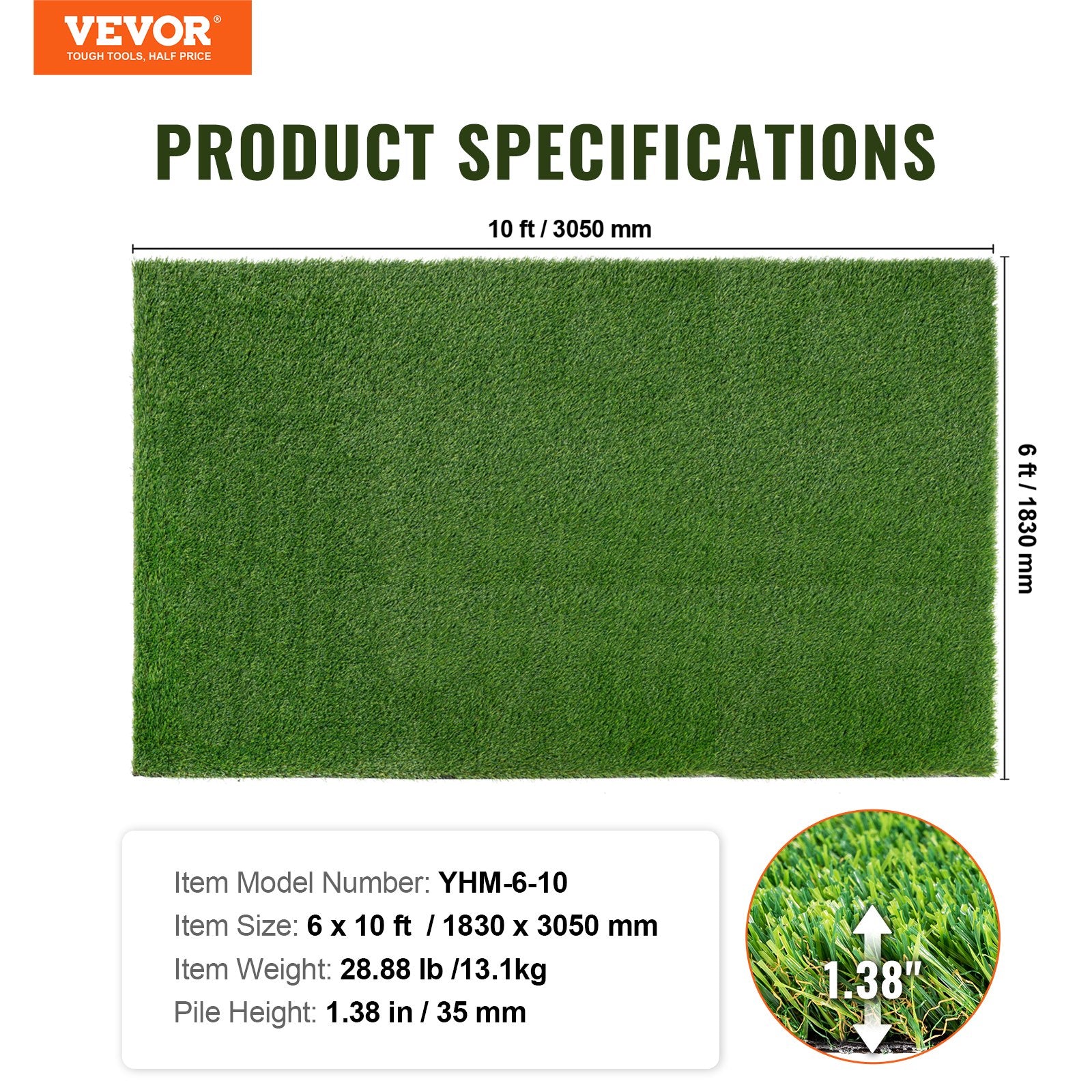 Artifical Grass, 6 x 10 ft Rug Green Turf, 1.38"Fake Door Mat Outdoor Patio Lawn Decoration, Easy to Clean V952-RZCP1J6X10FTJ1STHV0