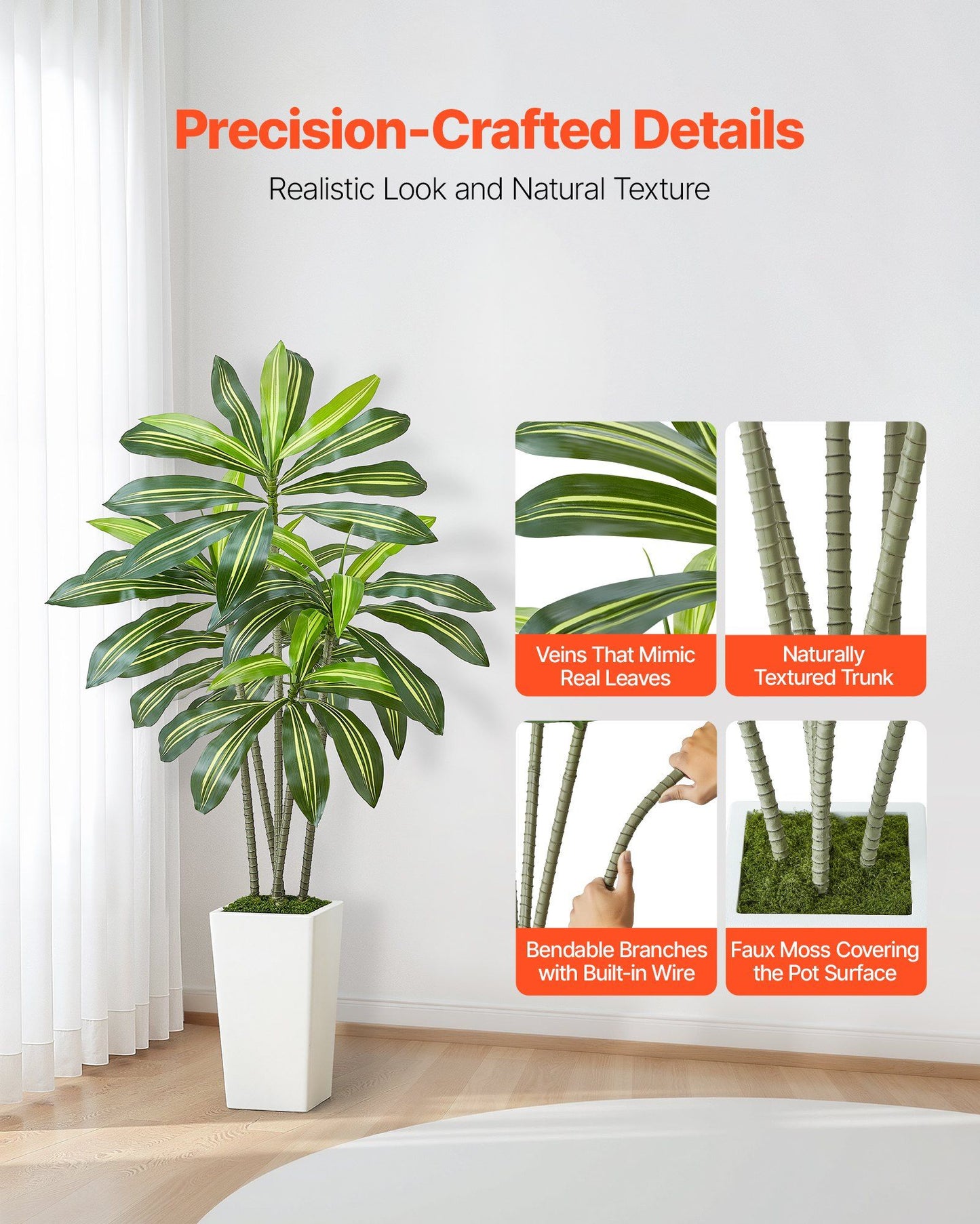 Artificial Dracaena Tree 1524 mm, Fake Palm Tropical Plants with White Tall Planter, Faux Floor Silk Plant in V952-RZRDZWLXS5FT31TZT001V0