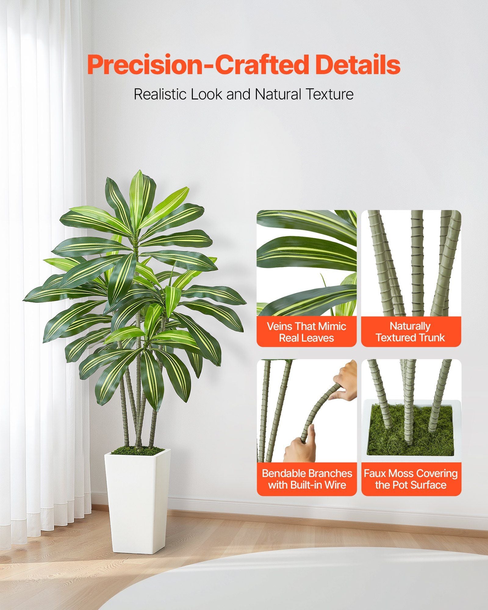 Artificial Dracaena Tree 1524 mm, Fake Palm Tropical Plants with White Tall Planter, Faux Floor Silk Plant in V952-RZRDZWLXS5FT31TZT001V0