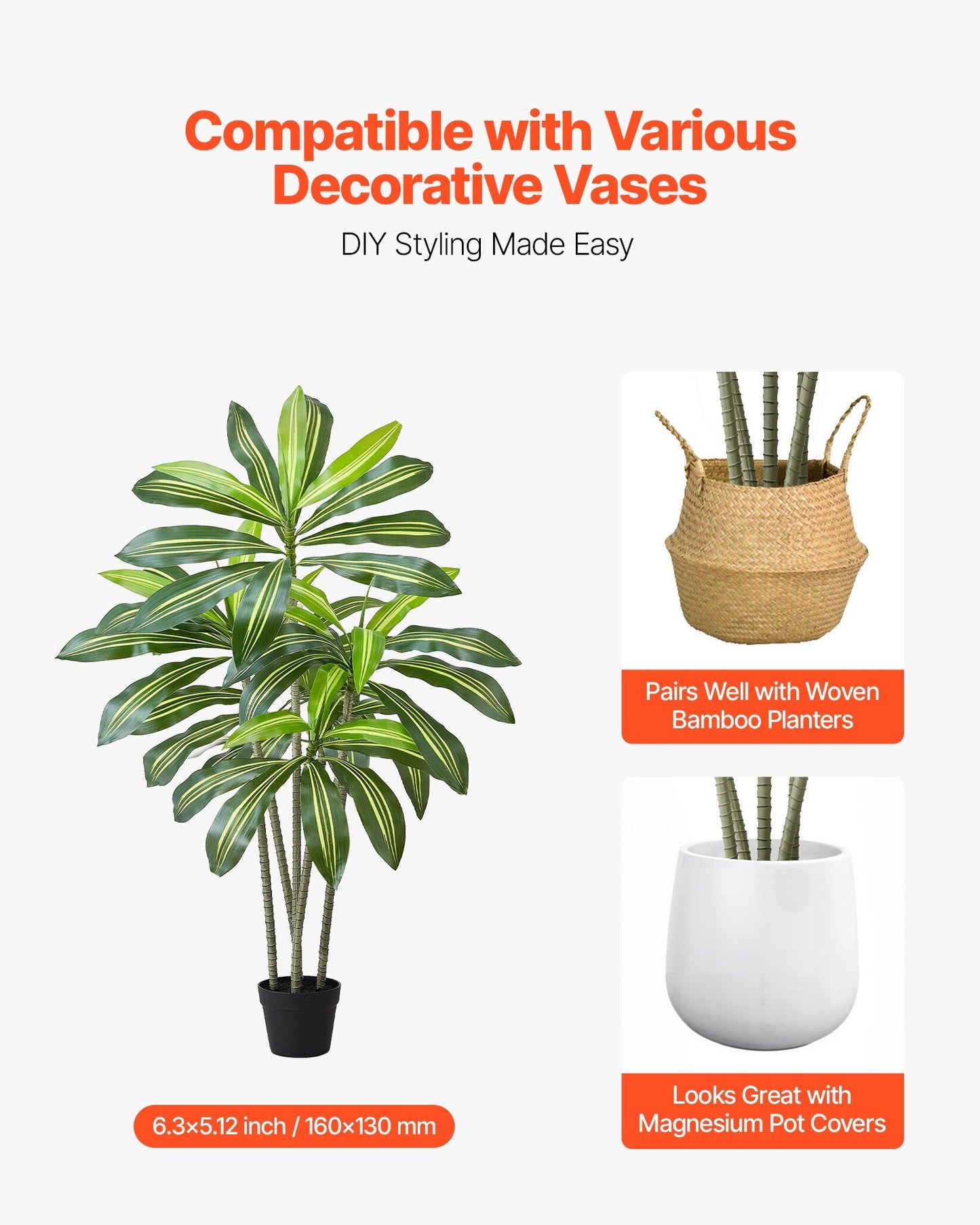 Artificial Dracaena Tree 1524 mm, Fake Palm Tropical Plants with White Tall Planter, Faux Floor Silk Plant in V952-RZRDZWLXS5FT31TZT001V0
