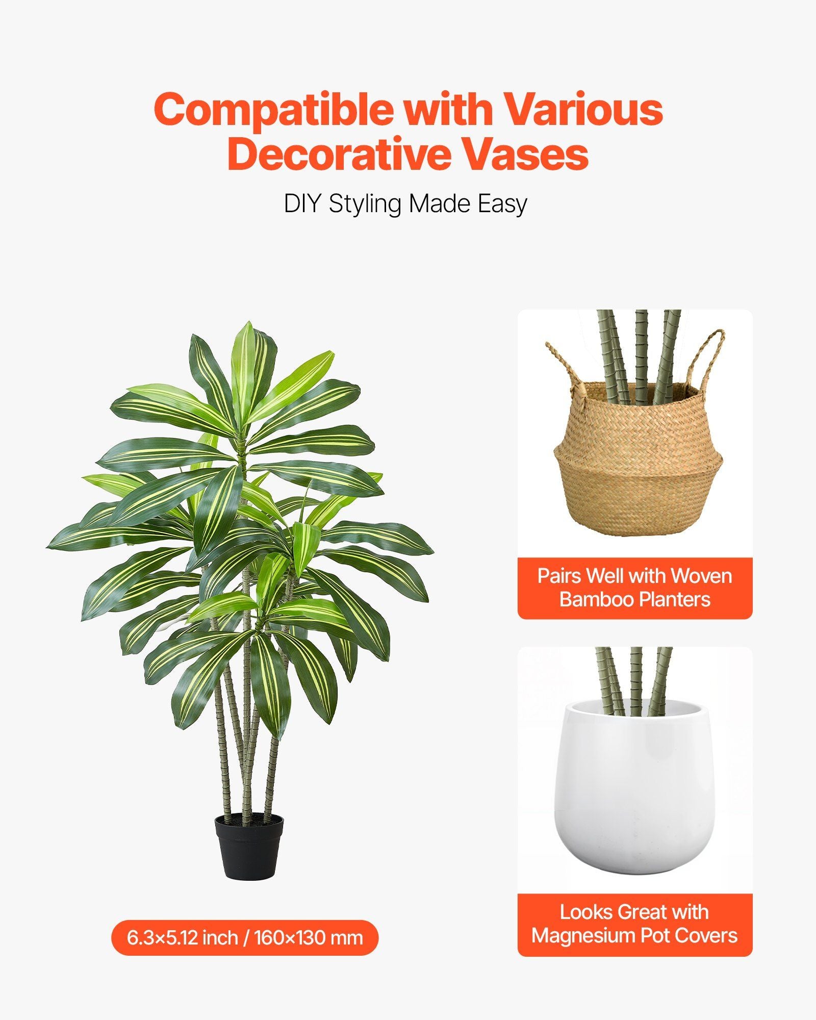 Artificial Dracaena Tree 1524 mm, Fake Palm Tropical Plants with White Tall Planter, Faux Floor Silk Plant in V952-RZRDZWLXS5FT31TZT001V0
