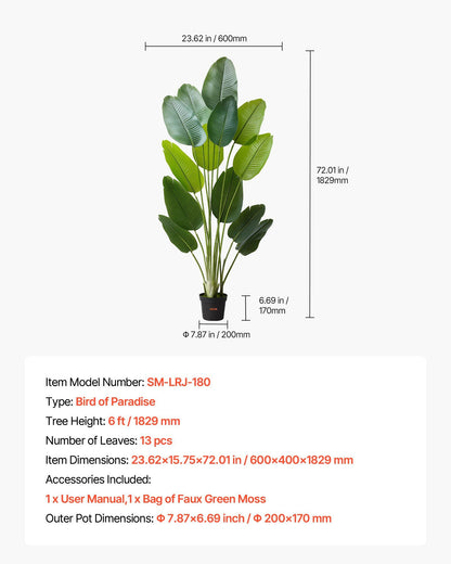 Artificial Bird of Paradise 1829 mm Tall, Fake Tropical Plants with with 13 Trunks & White Pot, Faux Floor V952-RZRDZWTTNZL6CG3Q9001V0