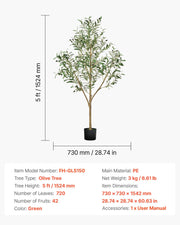 150cm Artificial Olive Tree with Black Pot, Tall Fake Tree with Natural Wood Trunk & Realistic Green Leaves V952-RZS5FTGLSSLX6A0M6001V0