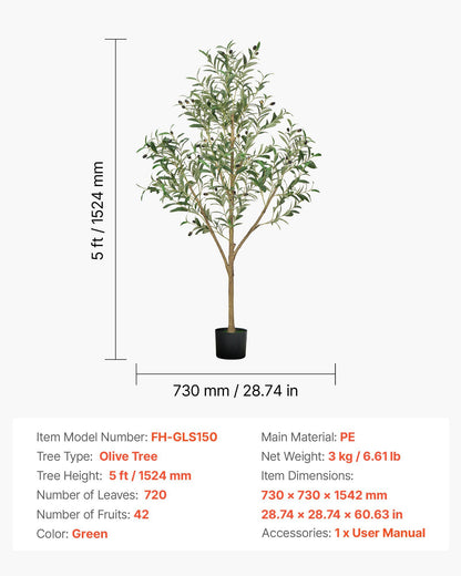 150cm Artificial Olive Tree with Black Pot, Tall Fake Tree with Natural Wood Trunk & Realistic Green Leaves V952-RZS5FTGLSSLX6A0M6001V0