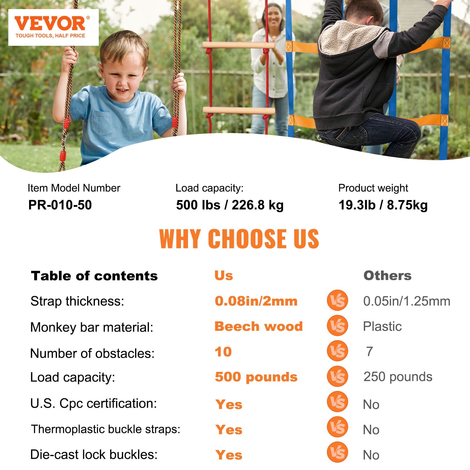 Ninja Warrior Obstacle Course for Kids, 15.24 m Weatherproof Slacklines, 500lbs Weight Capacity Monkey Line, V952-RZX502YC9J003NWUAV0