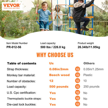 Ninja Warrior Obstacle Course for Kids, 2 x 17m Weatherproof Slacklines, 227kg Weight Capacity Monkey Line, V952-RZX562YC11J0F2X1FV0