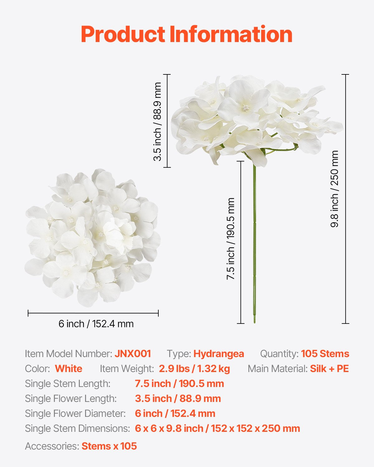 Artificial Flowers, 105 pcs Real Looking White Silk Fake Hydrangea Bulk, White Faux Bridal Shower with Stems V952-RZXQBS105PCSKMGDN001V0