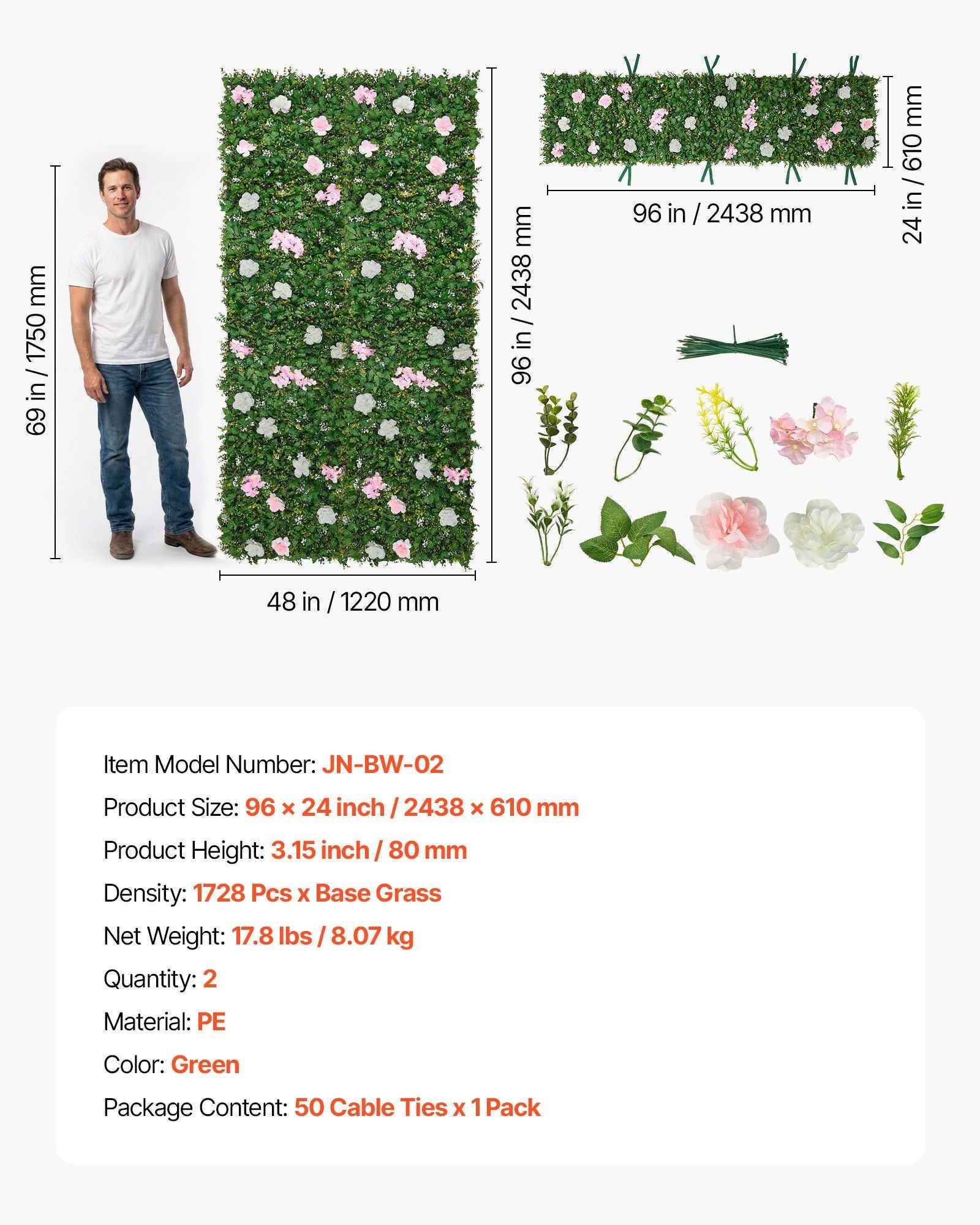 Artificial Luxury Flower Wall Backdrop, 2 PCS, Each Panel 61 x 243.8 cm, Gorgeous 3D Silk Floral Backdrop Pet V952-RZZWQPJSPJS3F1M0A001V0