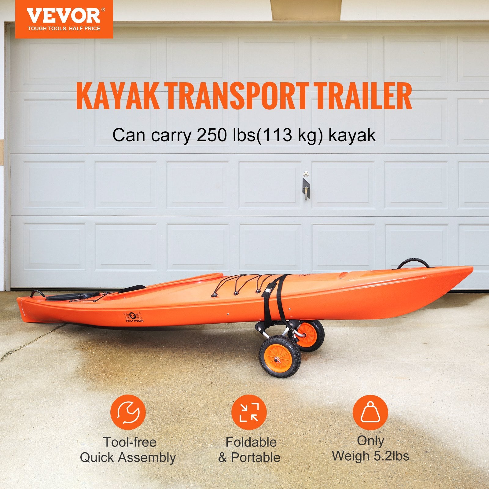Foldable Kayak Cart Canoe Boat Carrier 250lbs Load with 10'' Solid Tires V952-S250LBS10INCHUJK2V0