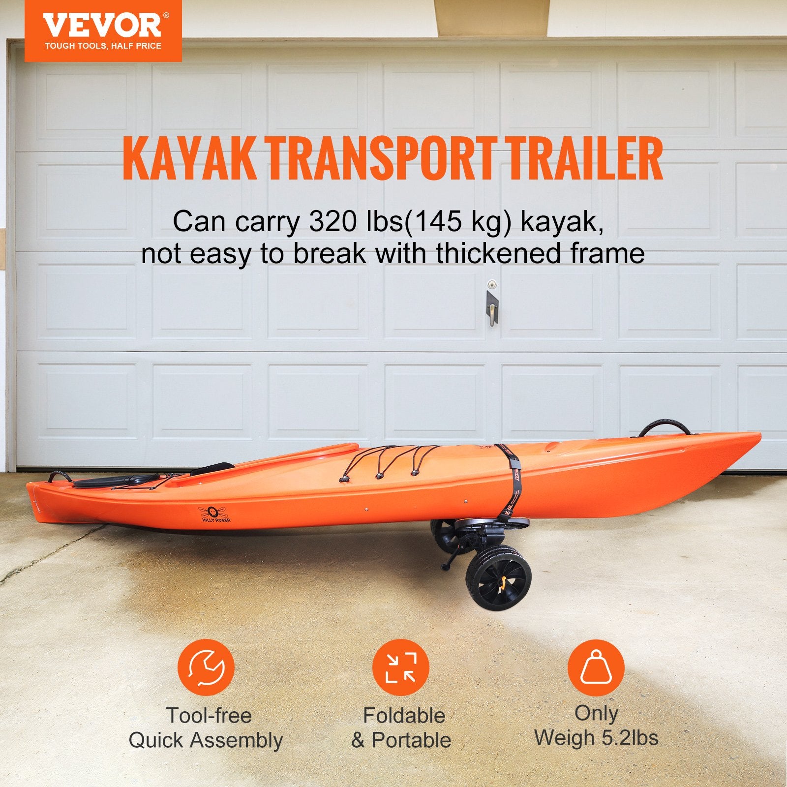 Adjustable Kayak Cart Canoe Boat Carrier 320lbs Load with 10'' Solid Tires V952-S320LBS10INCHRSSKV0
