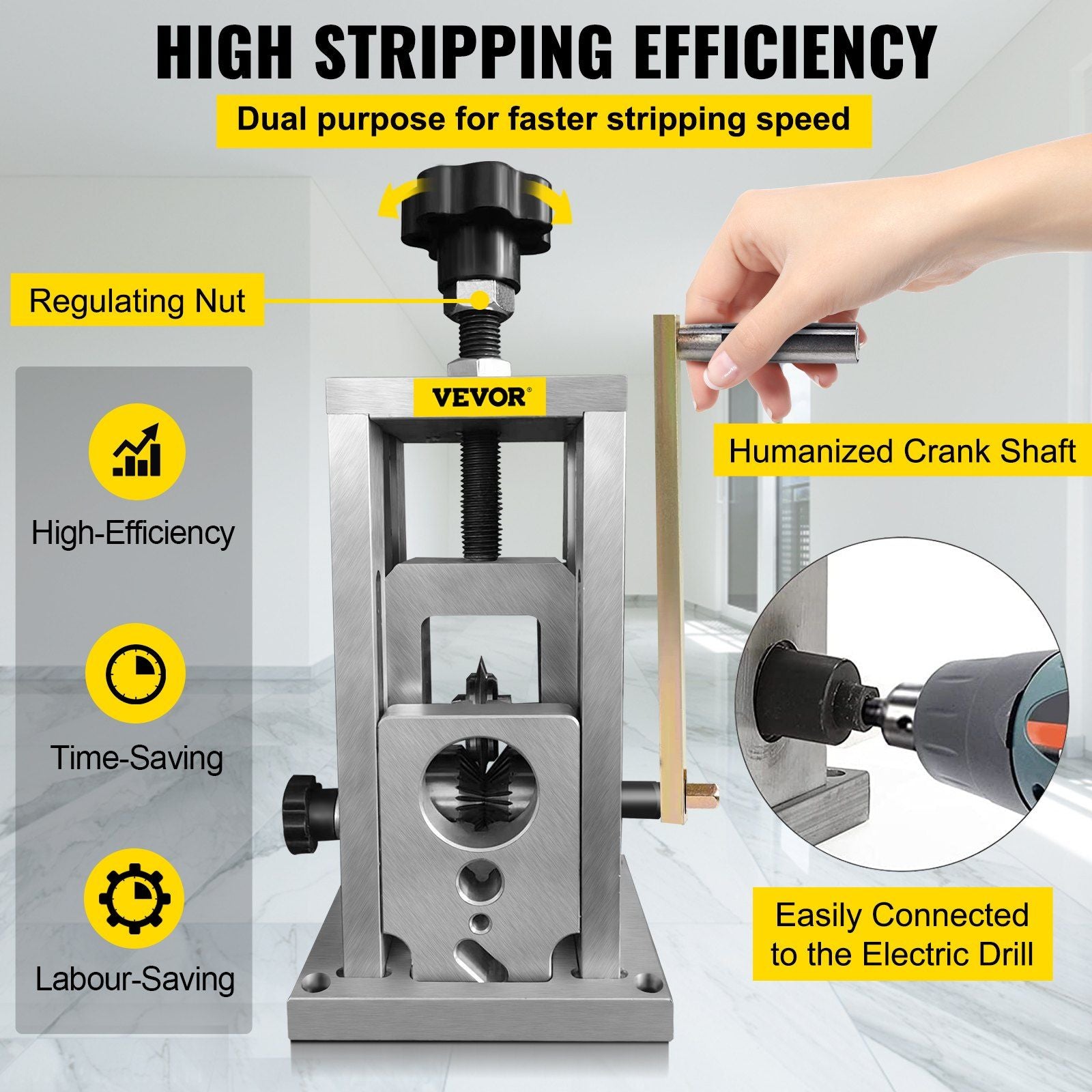 Wire Stripping Machine, 1.5-40 mm Drill Powered, Manual Copper Stripper w Heat Treated Steel Ultra Long V952-S420W15MM38MM1LM9V0