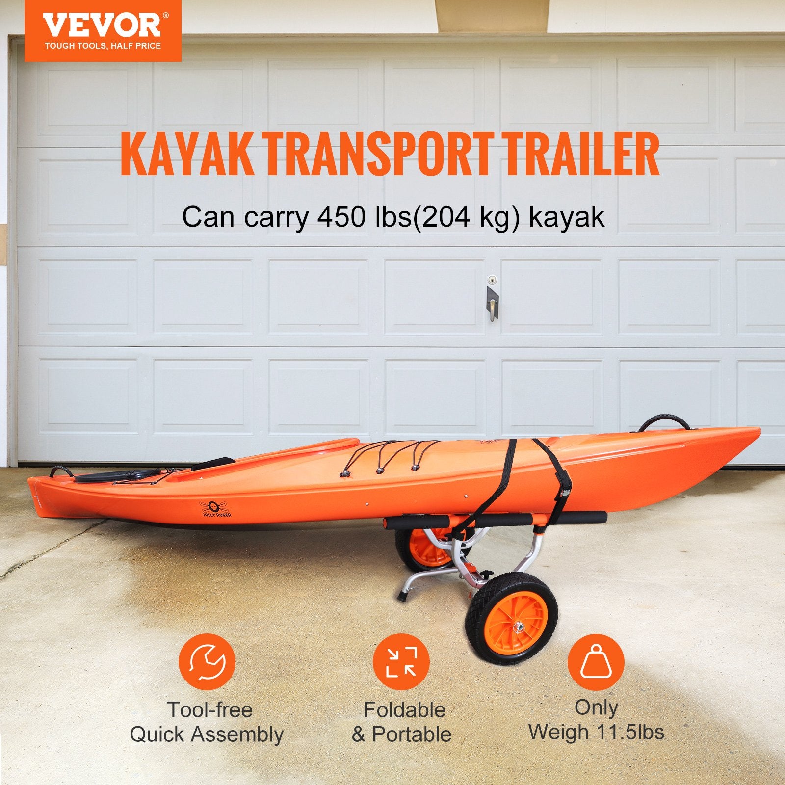 Adjustable Kayak Cart Canoe Boat Carrier 450lbs Load with 12'' Solid Tires V952-S450LBS12INCHFZNLV0