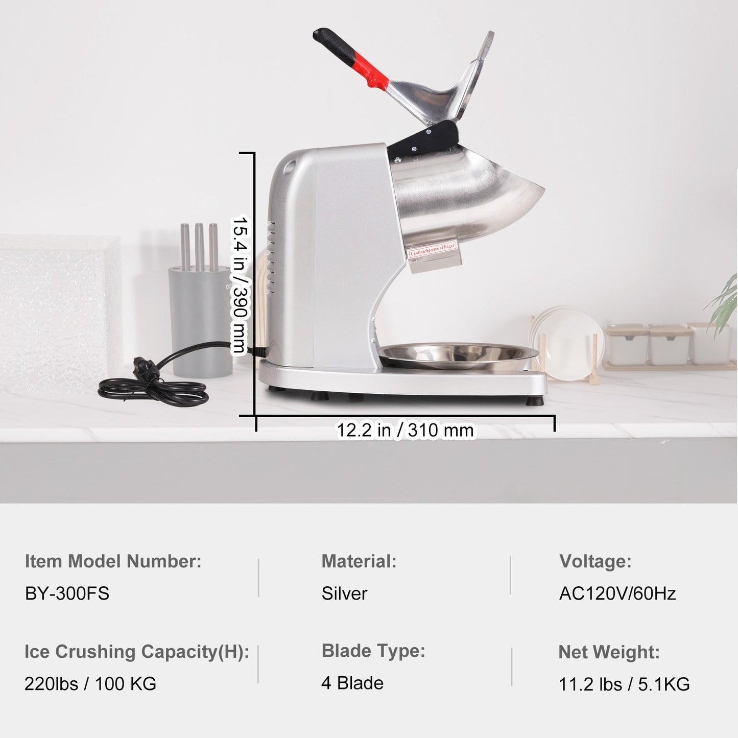 Ice Crushers Machine, 220lbs Per Hour Electric Snow Cone Maker with 4 Blades, 300W Electric Ice Crusher with V952-SBJBXS220300WSNSVV3