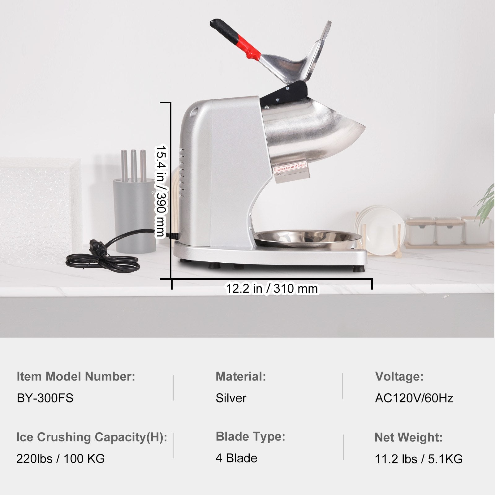 Ice Crushers Machine, 220lbs Per Hour Electric Snow Cone Maker with 4 Blades, 300W Electric Ice Crusher with V952-SBJBXS220300WSNSVV3