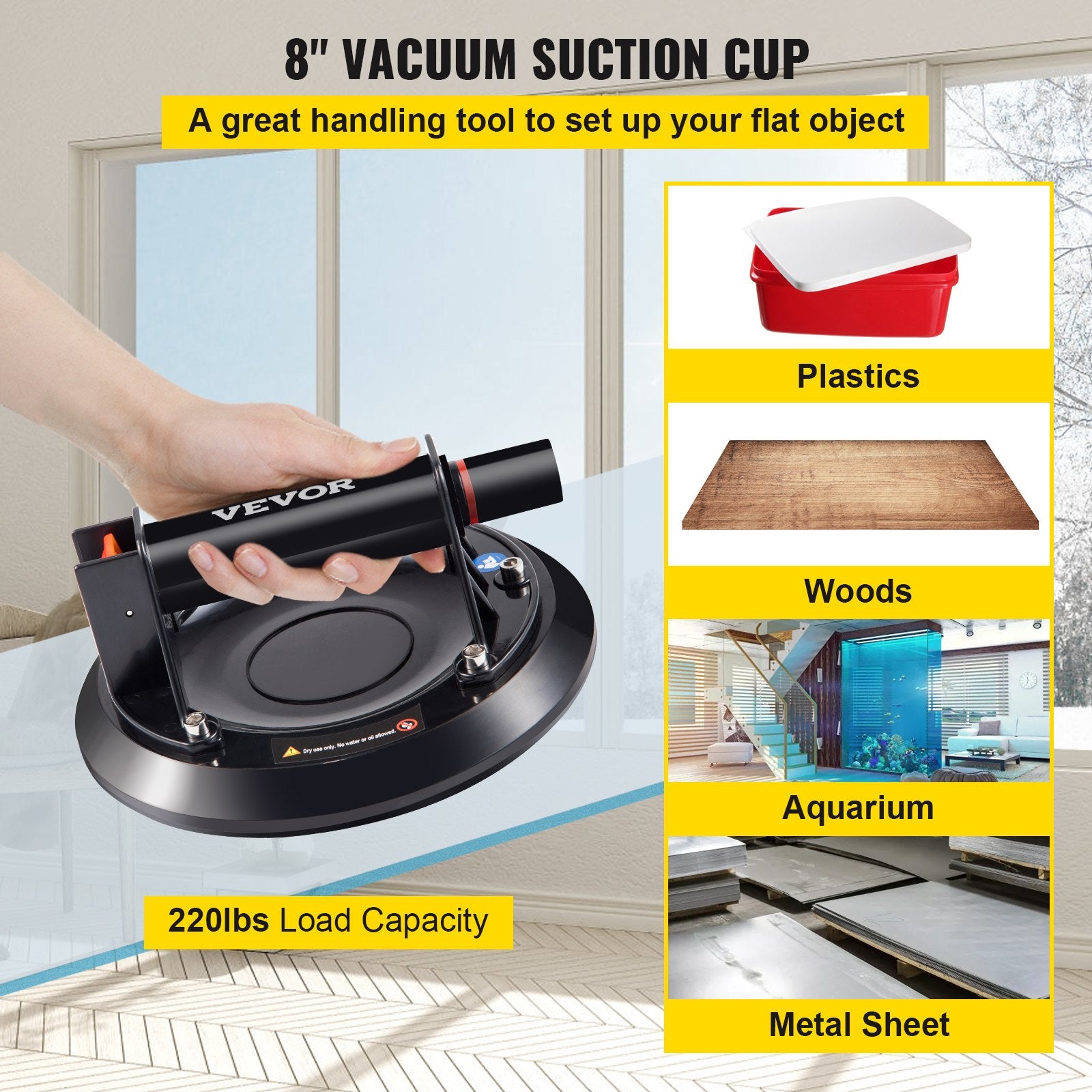 Glass Suction Cup, 8'' Vacuum Suction Cup, 220lbs Load Capacity Vacuum Glass Lifter with Plastic Handle, V952-SBXPSLSBB-8IN2NBOV0