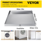 32 x 30 x 2.5 Inch Washing Machine Pan 18 GA Thickness 304 Stainless Steel Heavy Duty Compact Washer Drip V952-SC32X30X2YC000001V0