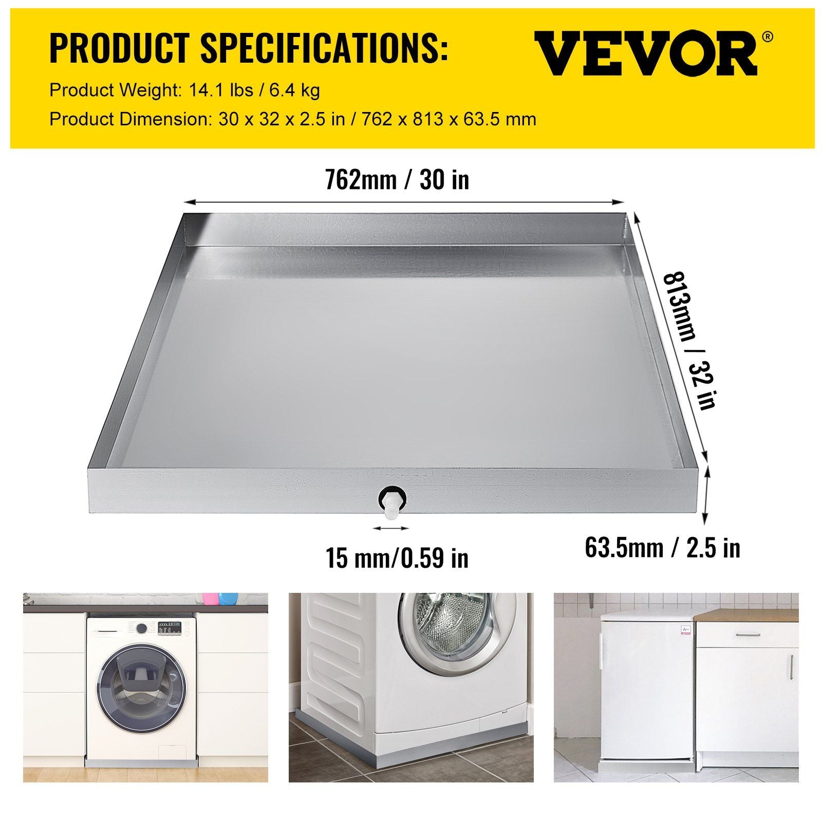 32 x 30 x 2.5 Inch Washing Machine Pan 18 GA Thickness 304 Stainless Steel Heavy Duty Compact Washer Drip V952-SC32X30X2YC000001V0