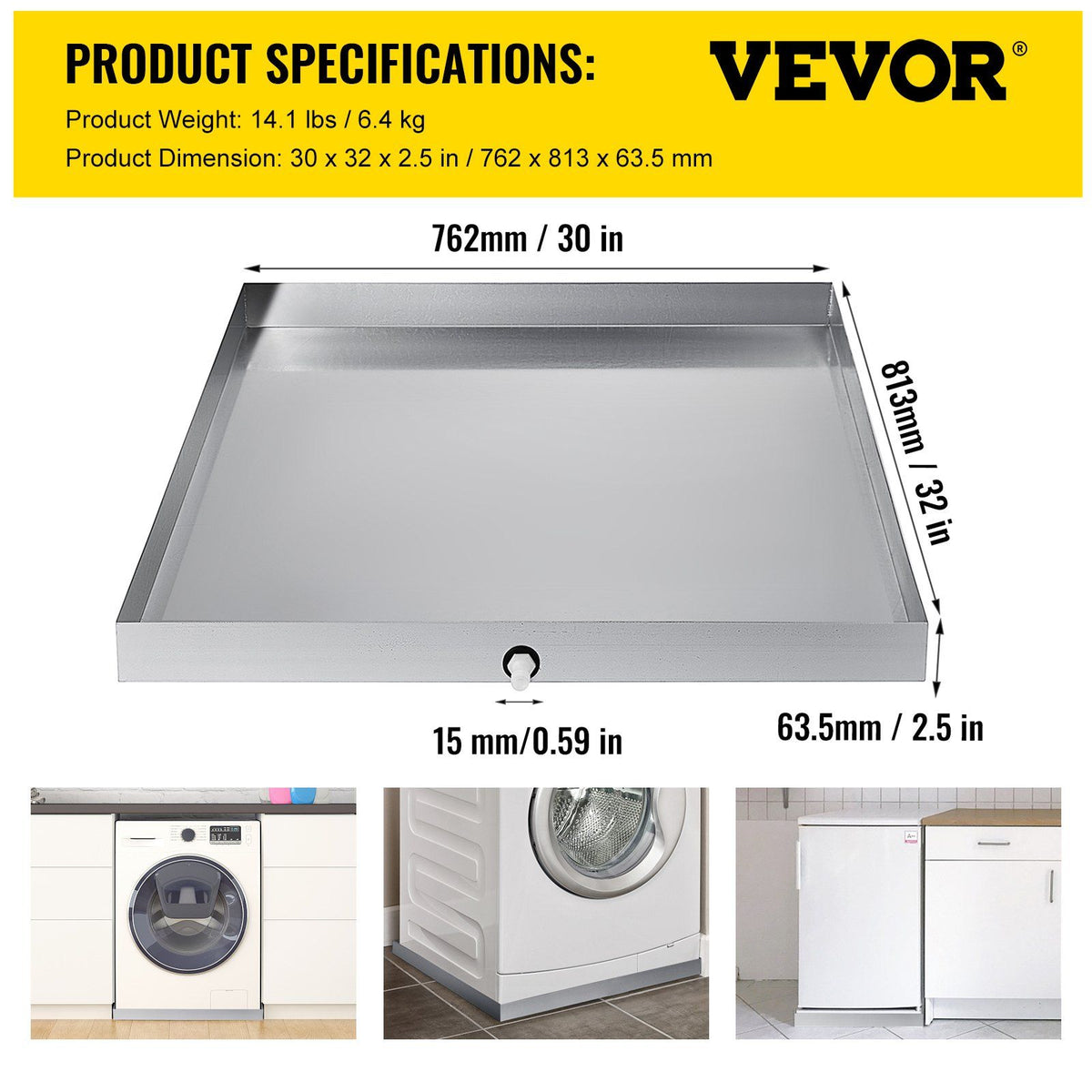32 x 30 x 2.5 Inch Washing Machine Pan 18 GA Thickness 304 Stainless Steel Heavy Duty Compact Washer Drip V952-SC32X30X2YC000001V0