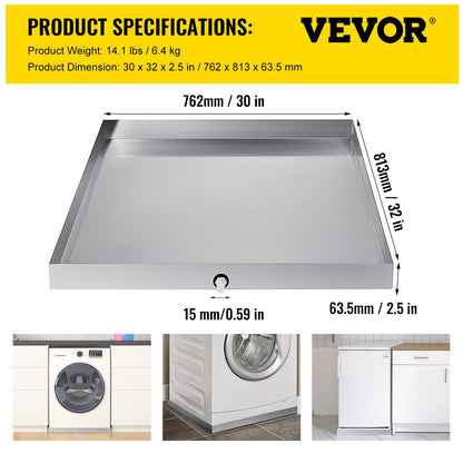 32 x 30 x 2.5 Inch Washing Machine Pan 18 GA Thickness 304 Stainless Steel Heavy Duty Compact Washer Drip V952-SC32X30X2YC000001V0