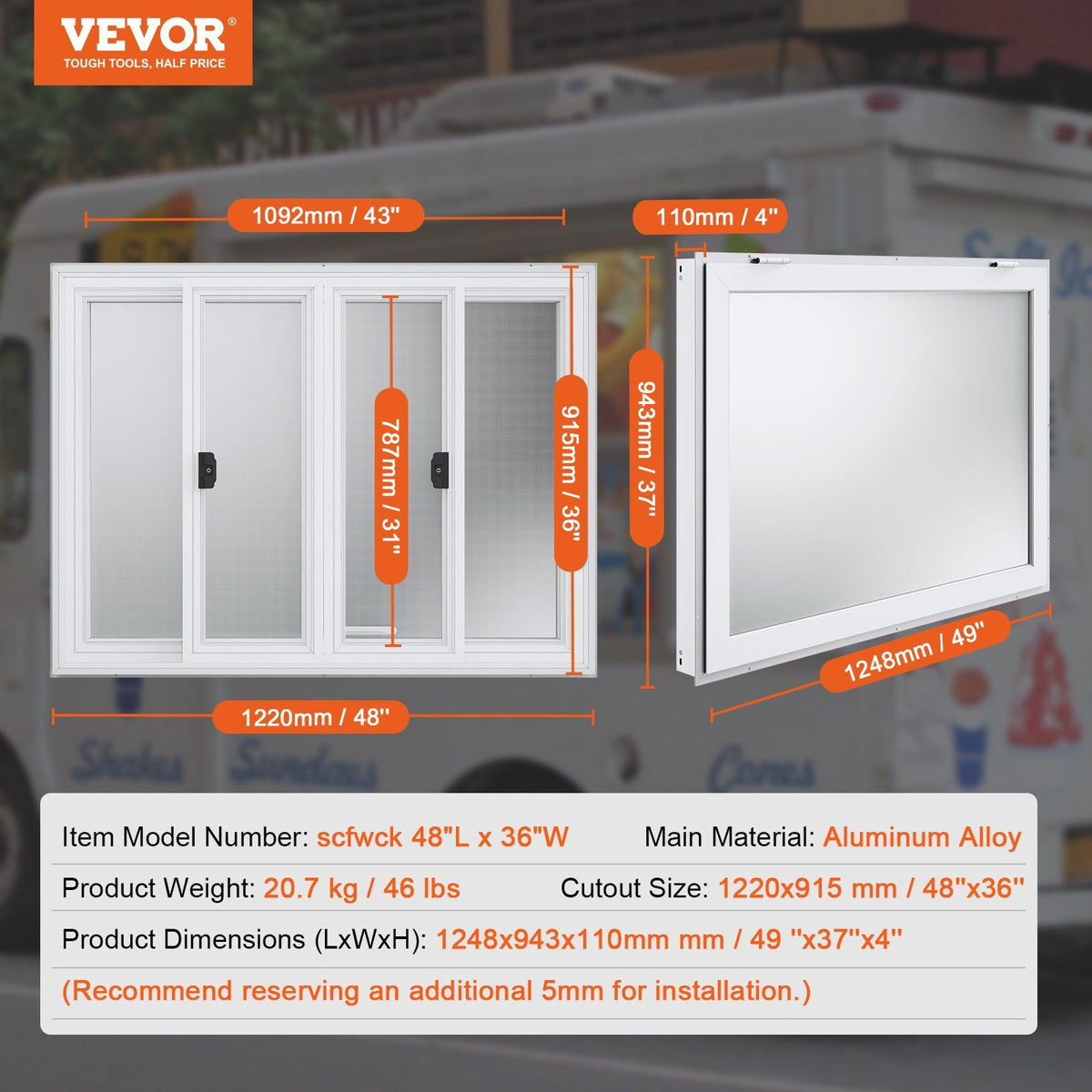 Concession Window 48"x36", Aluminum Alloy Food Truck Service Window with 4 Horizontal Sliding Windows & V952-SCFWCK36X48IIEGMJV0
