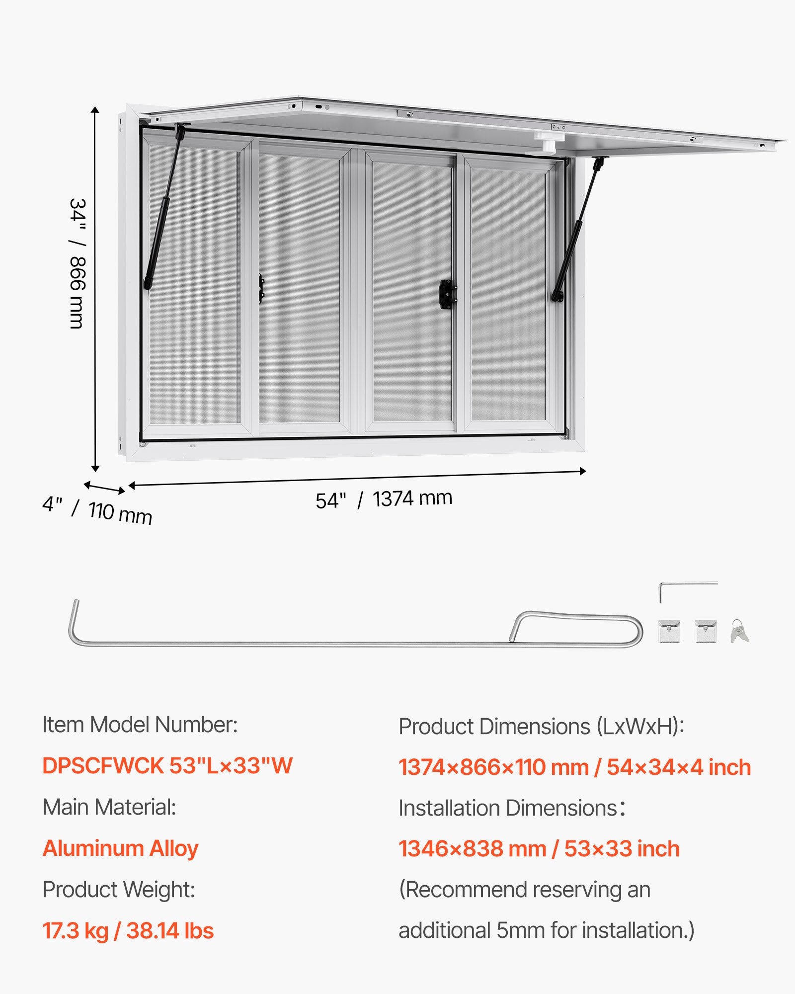 Concession Window 1346x838 mm, Aluminum Alloy Service Window for Food Truck, Up to 85 Degrees Stand Serving V952-SCFWCK5333YC3THT4001V0