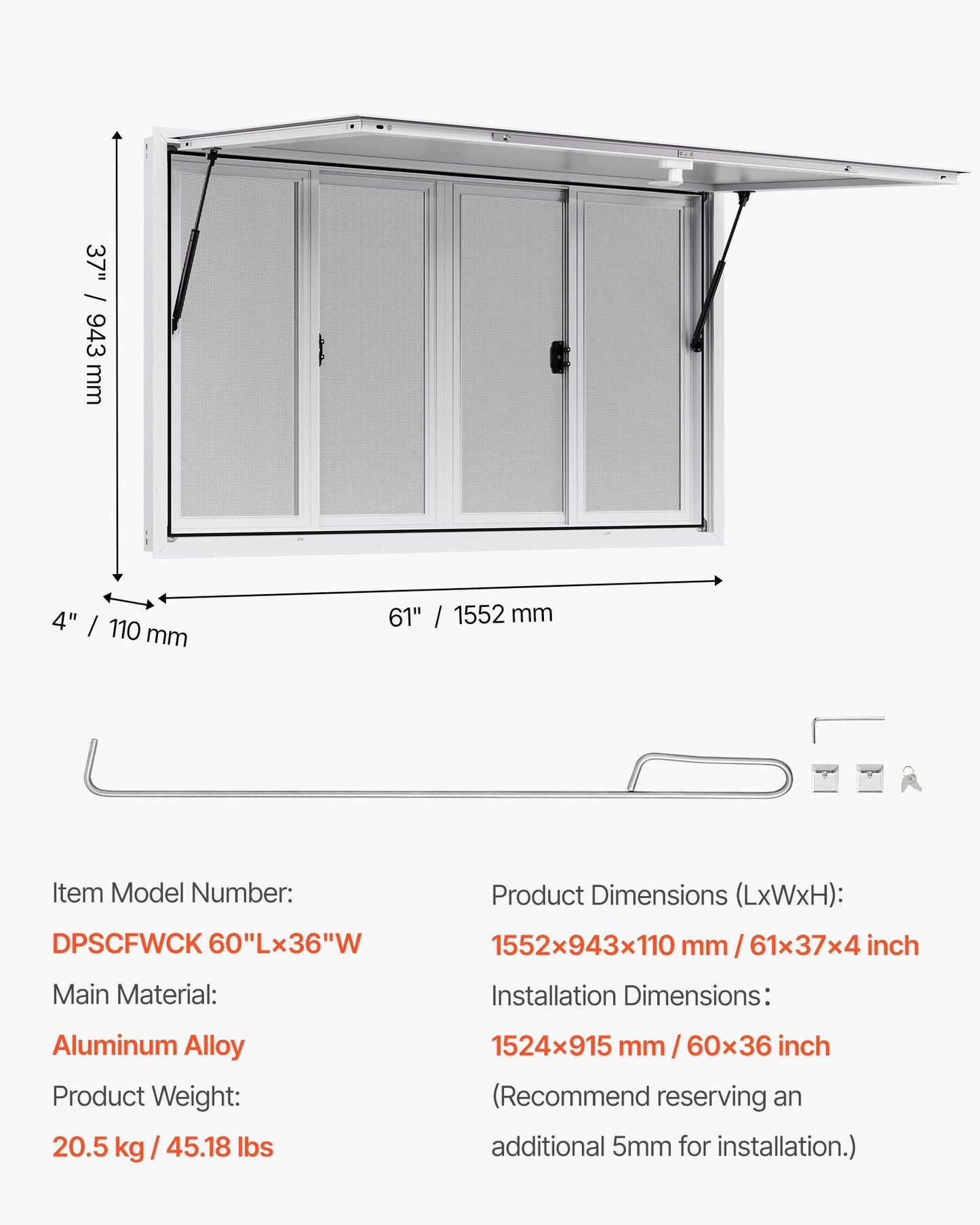 Concession Window 1524x915 mm, Aluminum Alloy Service Window for Food Truck, Up to 85 Degrees Stand Serving V952-SCFWCK6036YCSVAAR001V0