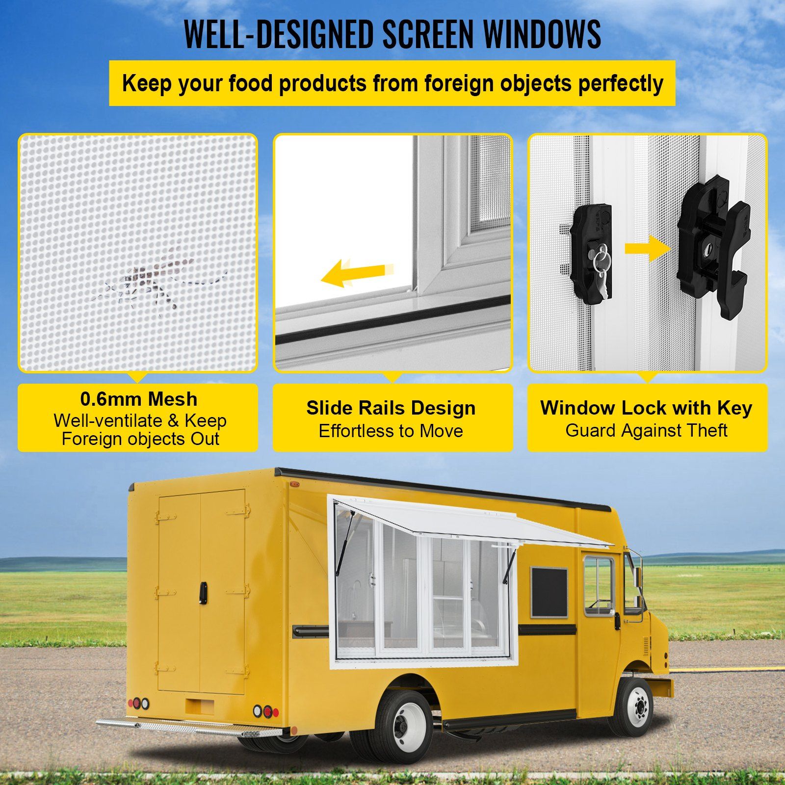 Concession Window, 48 x 36 inch, Aluminum Alloy Food Truck Service Window with 4 Horizontal Sliding Screen V952-SCFWCKYCB3648EBYGV0
