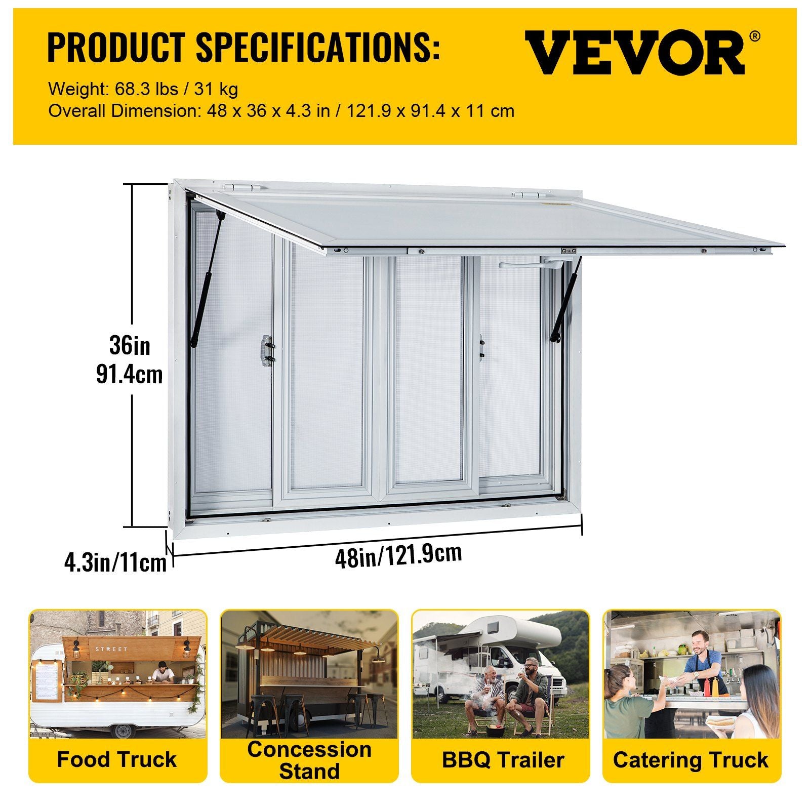 Concession Window, 48 x 36 inch, Aluminum Alloy Food Truck Service Window with 4 Horizontal Sliding Screen V952-SCFWCKYCB3648EBYGV0