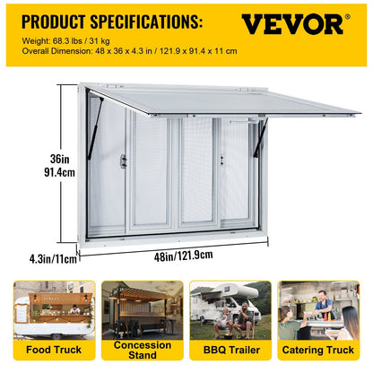 Concession Window, 48 x 36 inch, Aluminum Alloy Food Truck Service Window with 4 Horizontal Sliding Screen V952-SCFWCKYCB3648EBYGV0