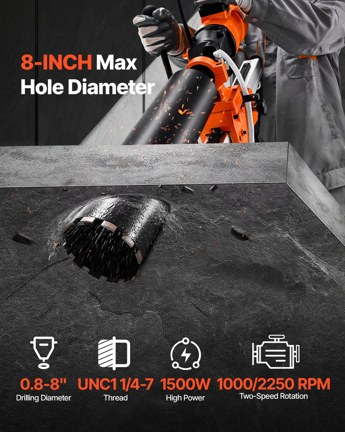 Diamond Core Drilling Machine, 200 mm Drilling Diameter, 2-in-1 Handheld & Stand-Mount Dry and Wet Concrete V952-SCJGSZKJ4YC4R55DJ001V3
