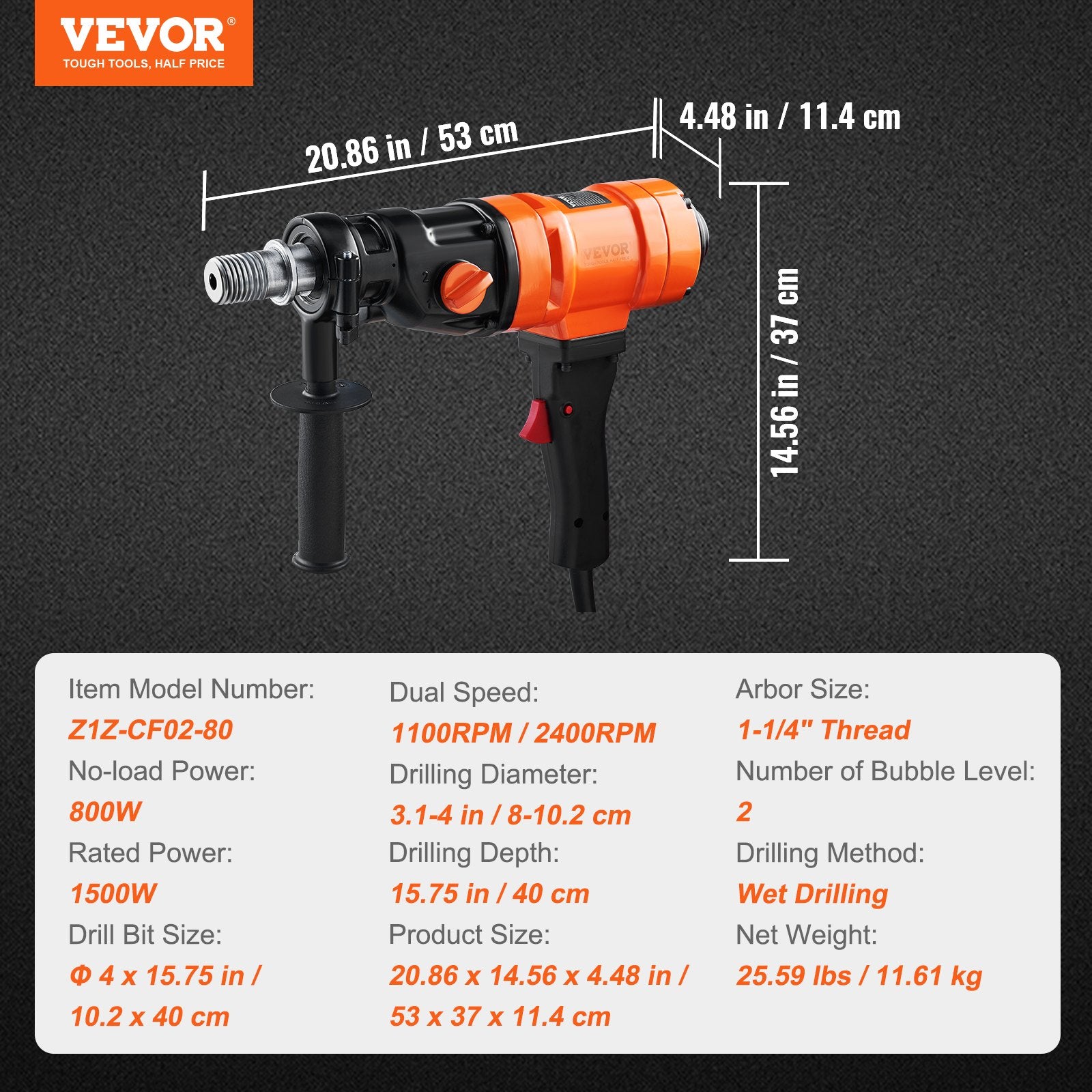 Diamond Core Drilling Machine, 4in Handheld Wet Concrete Core Drill Rig, 1100-2400RPM Two Speed & 1-1/4" V952-SCJGSZKJYCY44KHH6V3