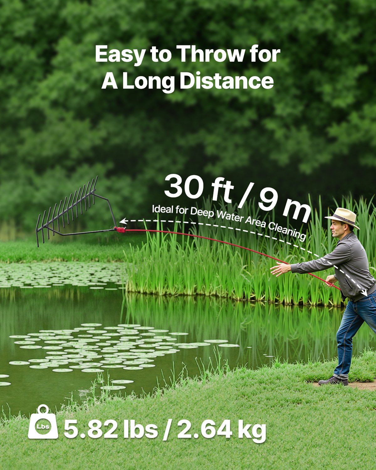 24 in Aquatic Weed Rake, 8.7 in Double Sided Lake Weed Rake, Pond Weeds Cutter with 30ft Rope, Tie Hole, No V952-SCPSSKPX30FTNC6UBV0