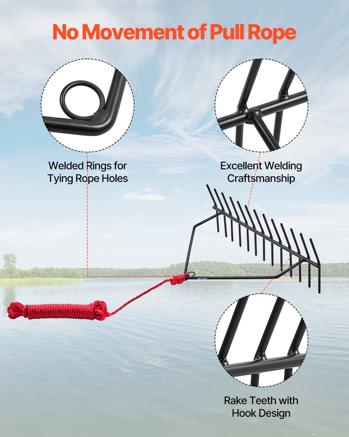 24 in Aquatic Weed Rake, 8.7 in Double Sided Lake Weed Rake, Pond Weeds Cutter with 30ft Rope, Tie Hole, No V952-SCPSSKPX30FTNC6UBV0