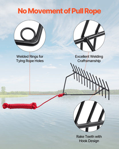 24 in Aquatic Weed Rake, 8.7 in Double Sided Lake Weed Rake, Pond Weeds Cutter with 30ft Rope, Tie Hole, No V952-SCPSSKPX30FTNC6UBV0