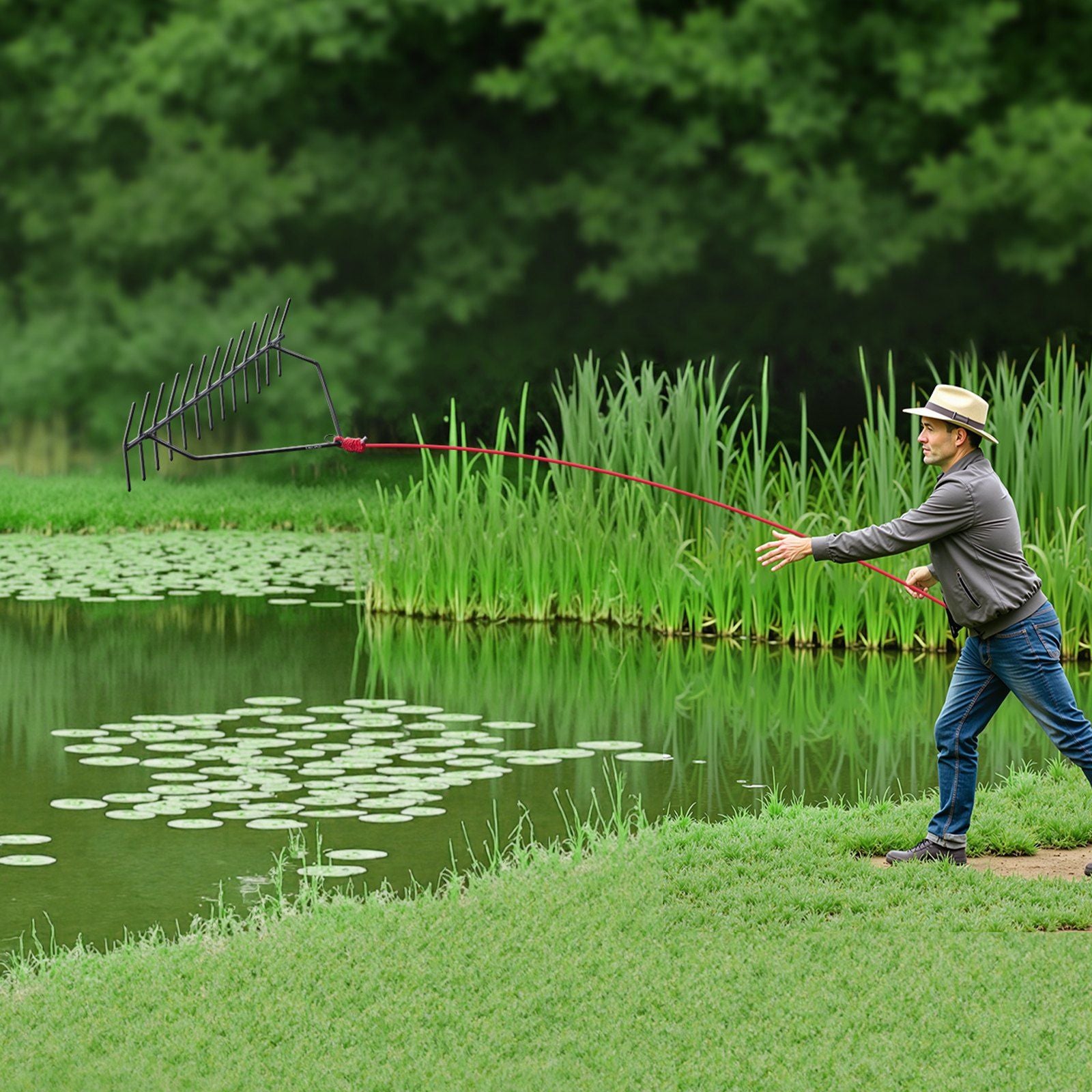 24 in Aquatic Weed Rake, 8.7 in Double Sided Lake Weed Rake, Pond Weeds Cutter with 30ft Rope, Tie Hole, No V952-SCPSSKPX30FTNC6UBV0