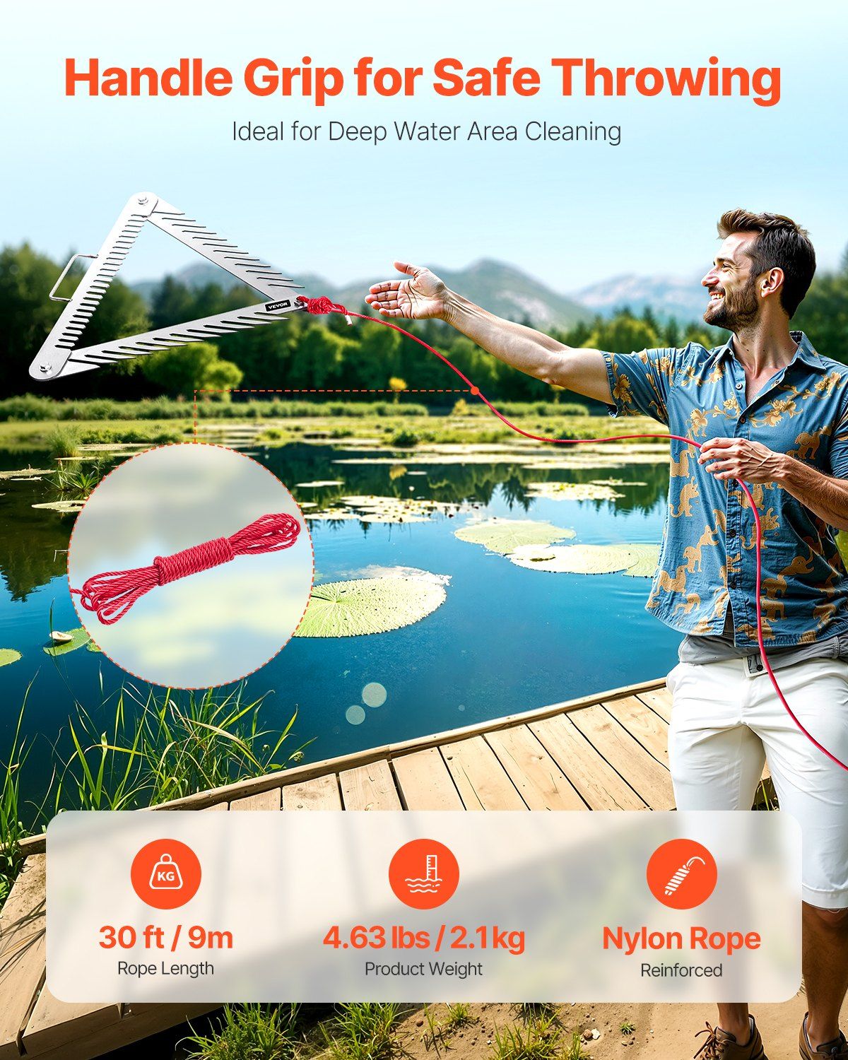 24in Aquatic Weed Rake, 3-Sided Lake Weed Rake with Handle, Portable and Foldable Pond Water Grass Razor, V952-SCPSSKSJX30FVVWD3V0