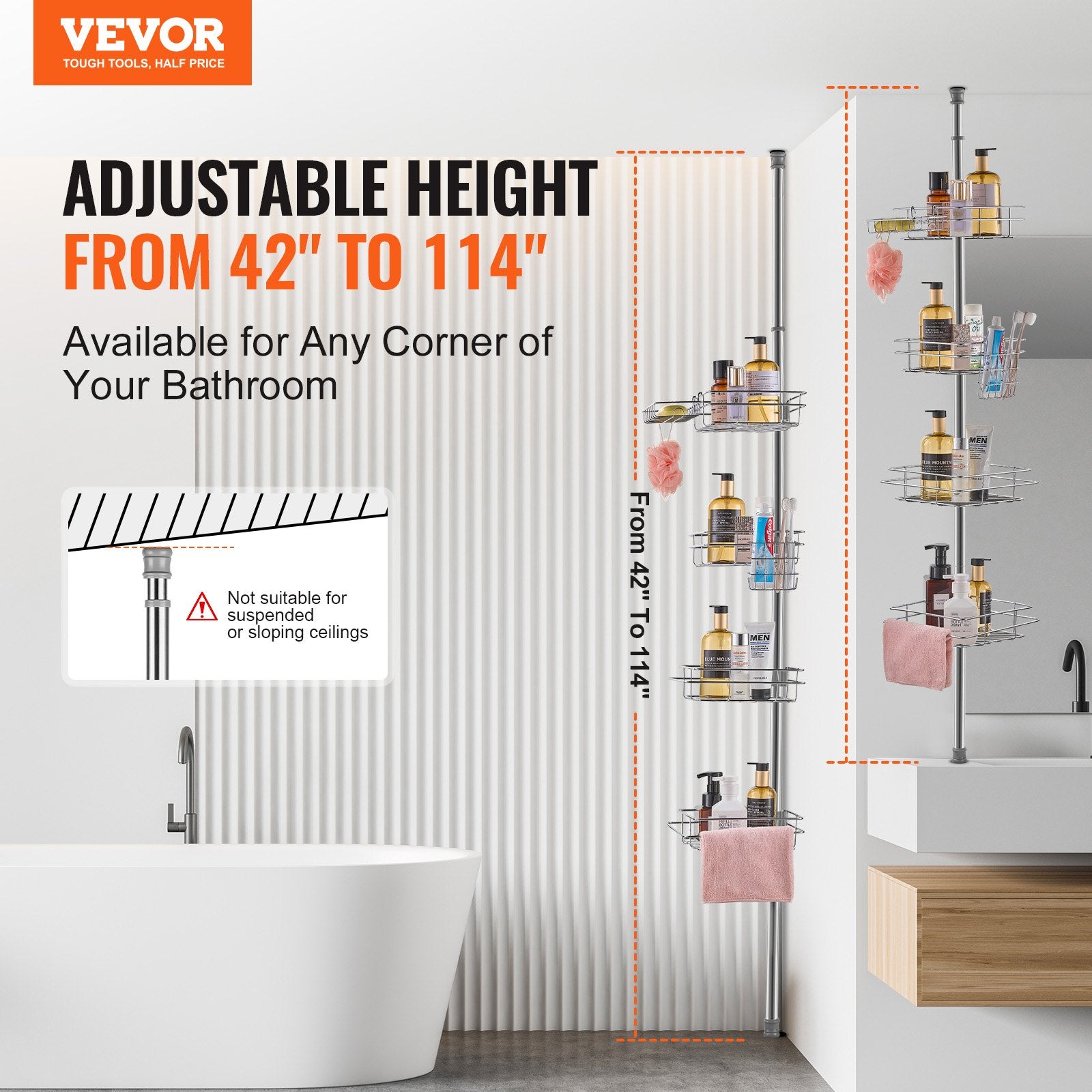 42" to 114" High Shower Corner Caddy Tension Pole Rust-Proof Tension Pole V952-SCTPBXGFXHDSL7FRUV0