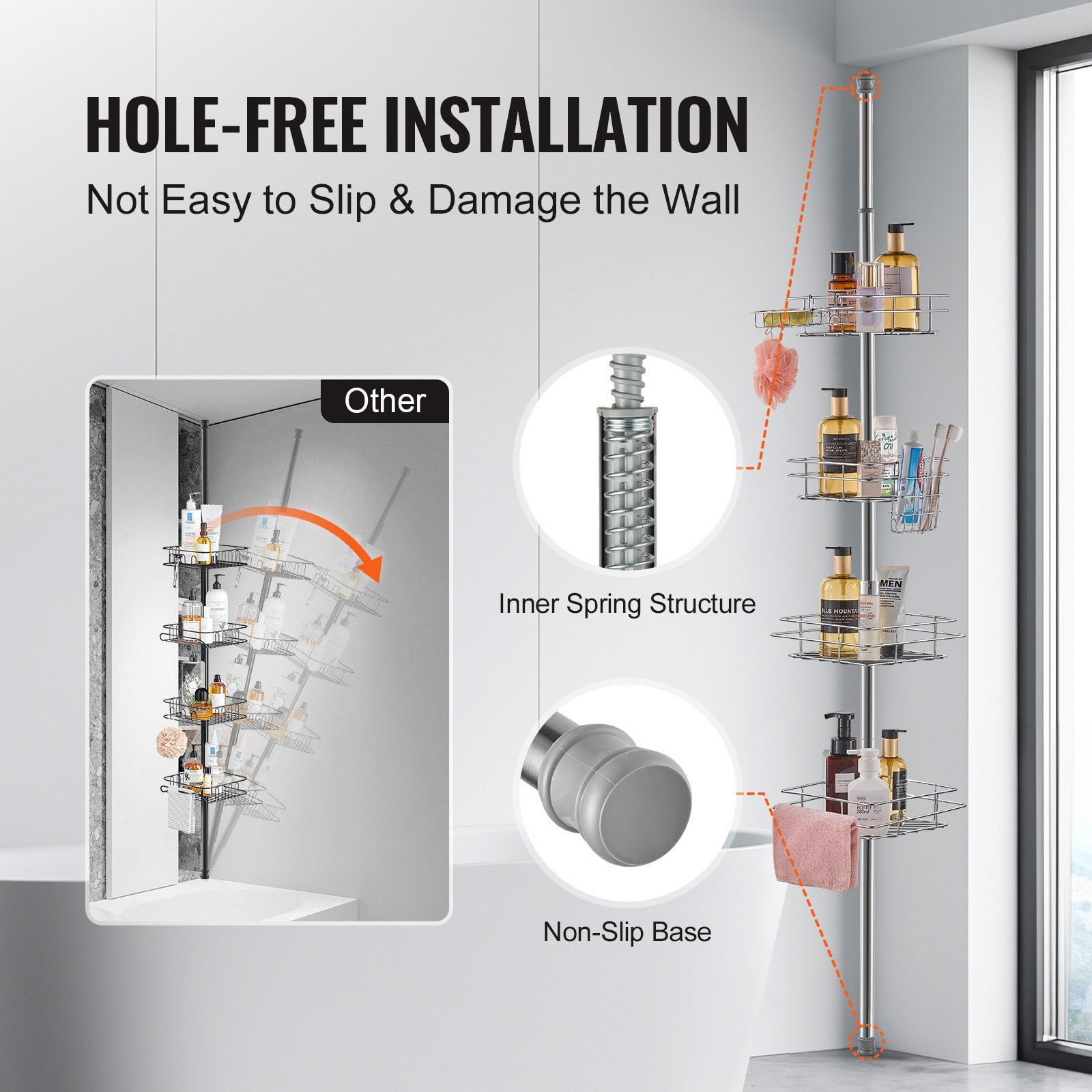 42" to 114" High Shower Corner Caddy Tension Pole Rust-Proof Tension Pole V952-SCTPBXGFXHDSL7FRUV0
